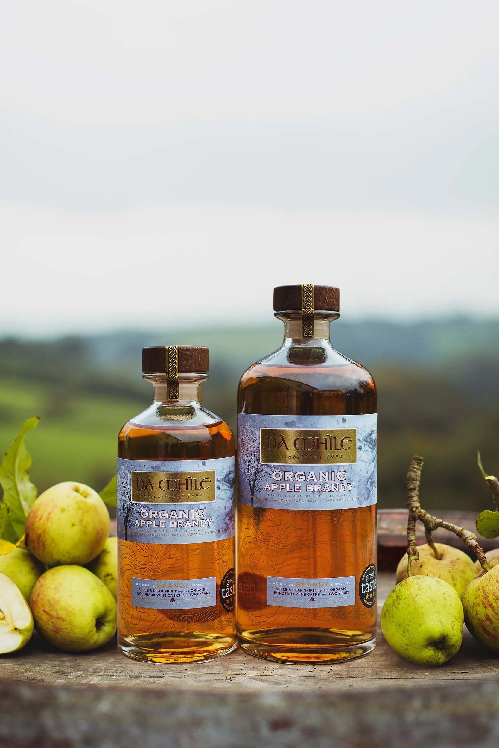 Da Mhile Organic Welsh Apple Brandy bottle with apples and oak barrels