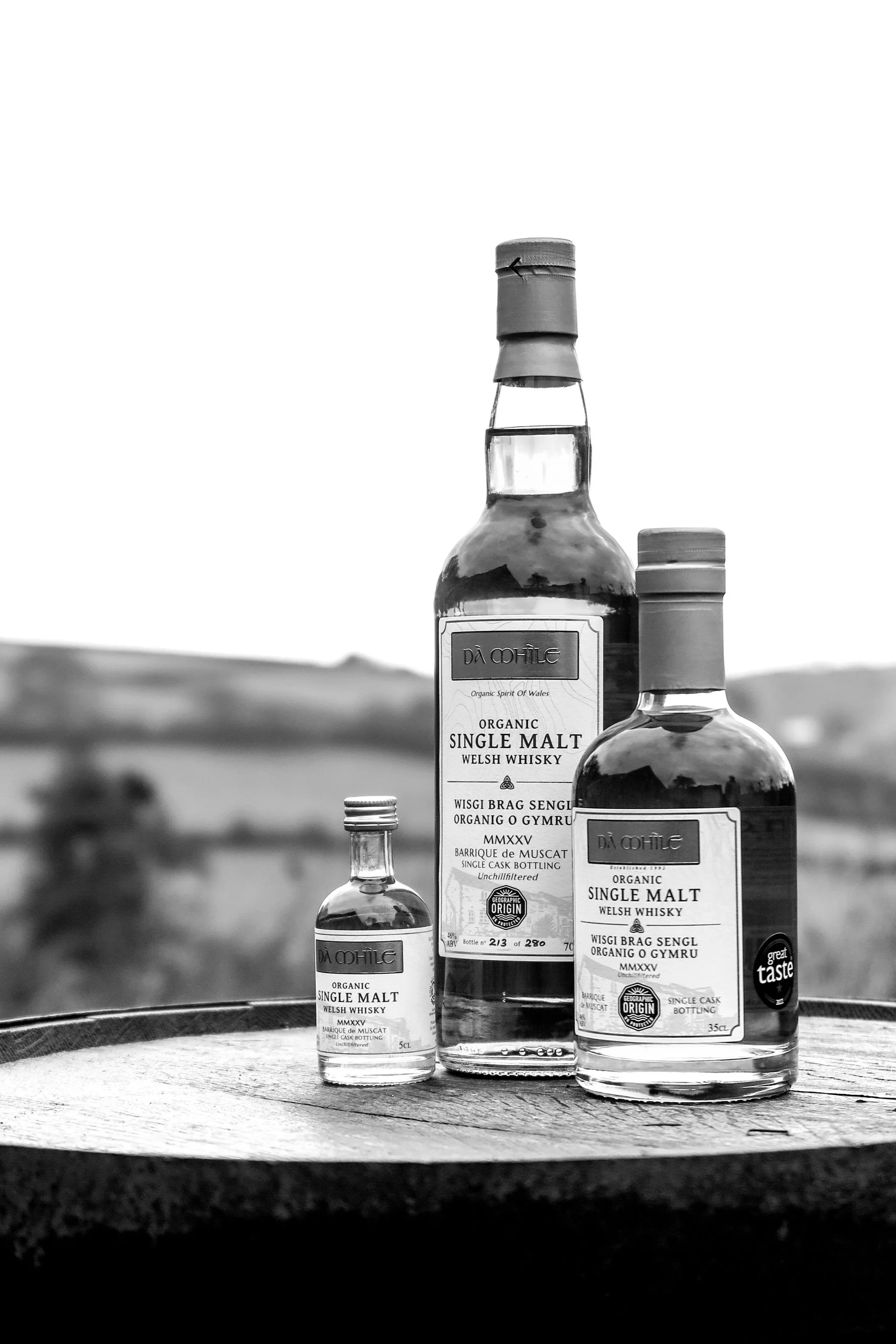 Three bottles of Welsh whisky on a wooden surface with a blurred landscape background in black and white.