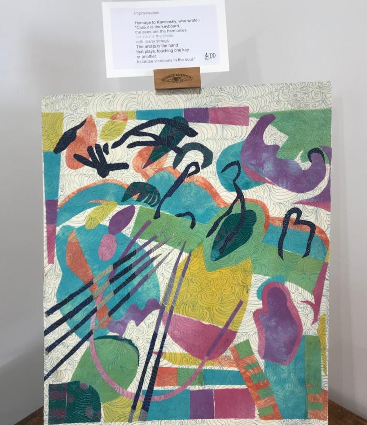 Beautiful &lsquo;Improvisation&rsquo; art piece by Jane Barry for &pound;100! 
&bull;The postcard reads:
Homage to Kandinsky, who wrote:-
&ldquo;Colour is the keyboard,
the eyes are the harmonies,
the soul is the piano
with many strings.
The artists 