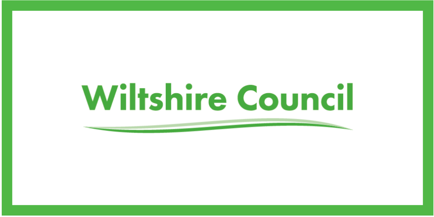 Logo of Wiltshire Council with green border and text in green, featuring a stylized green swoosh underneath.