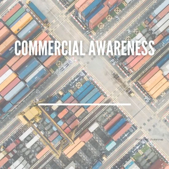 Aerial view of colorful shipping containers at a port with overlay text 'Commercial Awareness'.