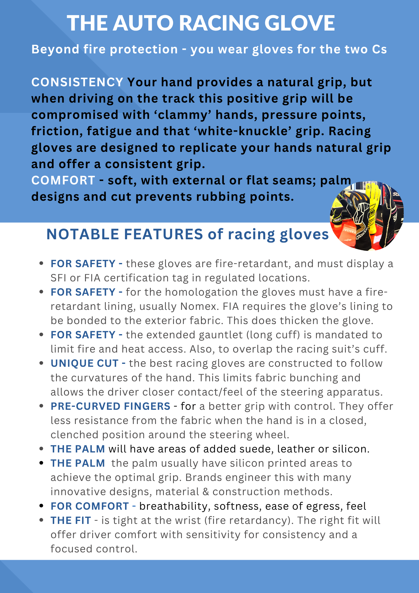 Page one of the Track First guide about auto racing gloves, highlighting features such as safety, comfort, unique design, pre-curved fingers, palm area, and grip for drivers.