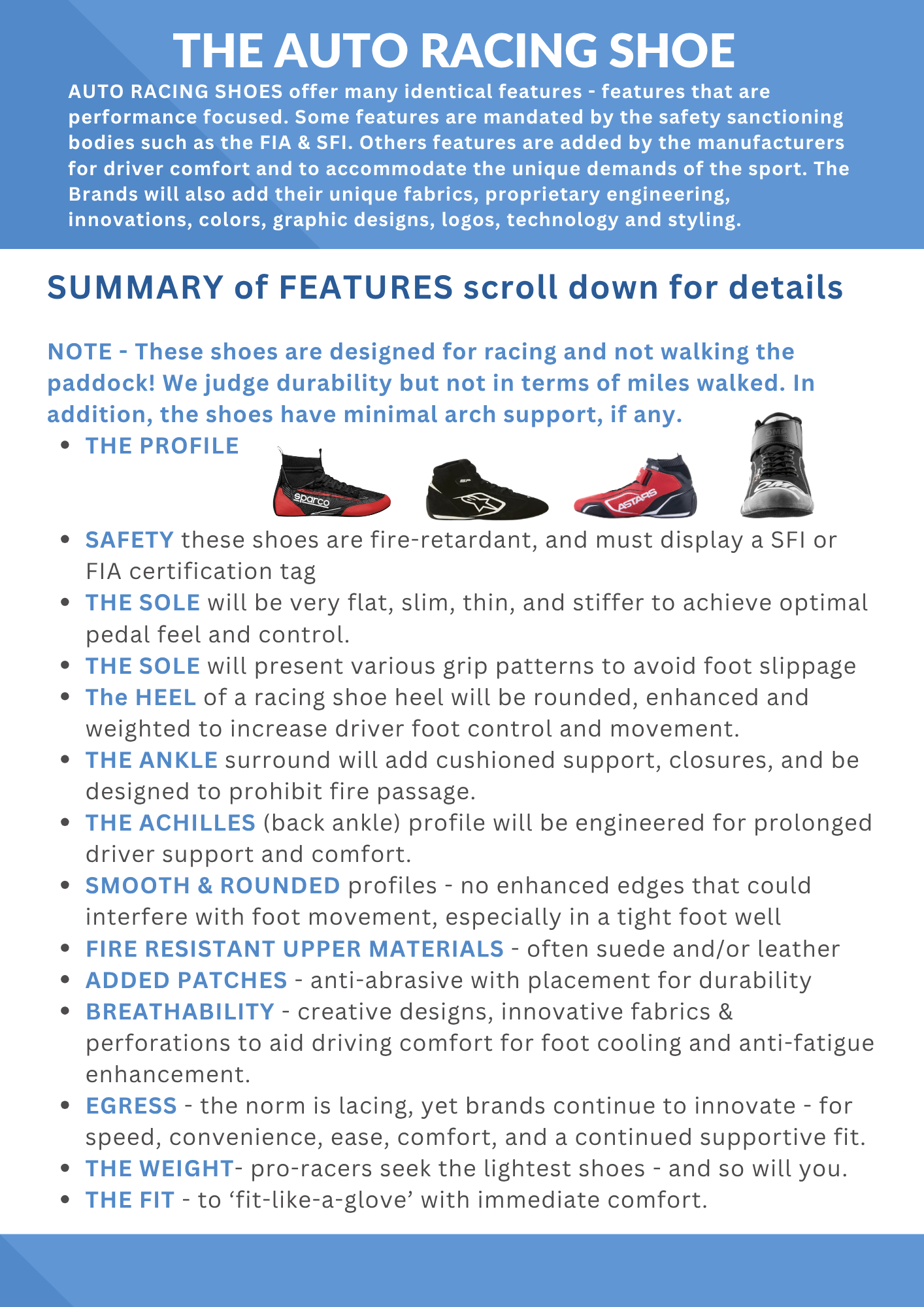 The Track First introductory page guide about auto racing shoes . Headlining their safety features and racing including materials, profile, sole, heel, ankle, upper, patches, breathability, and fit, with images of four different racing shoes.