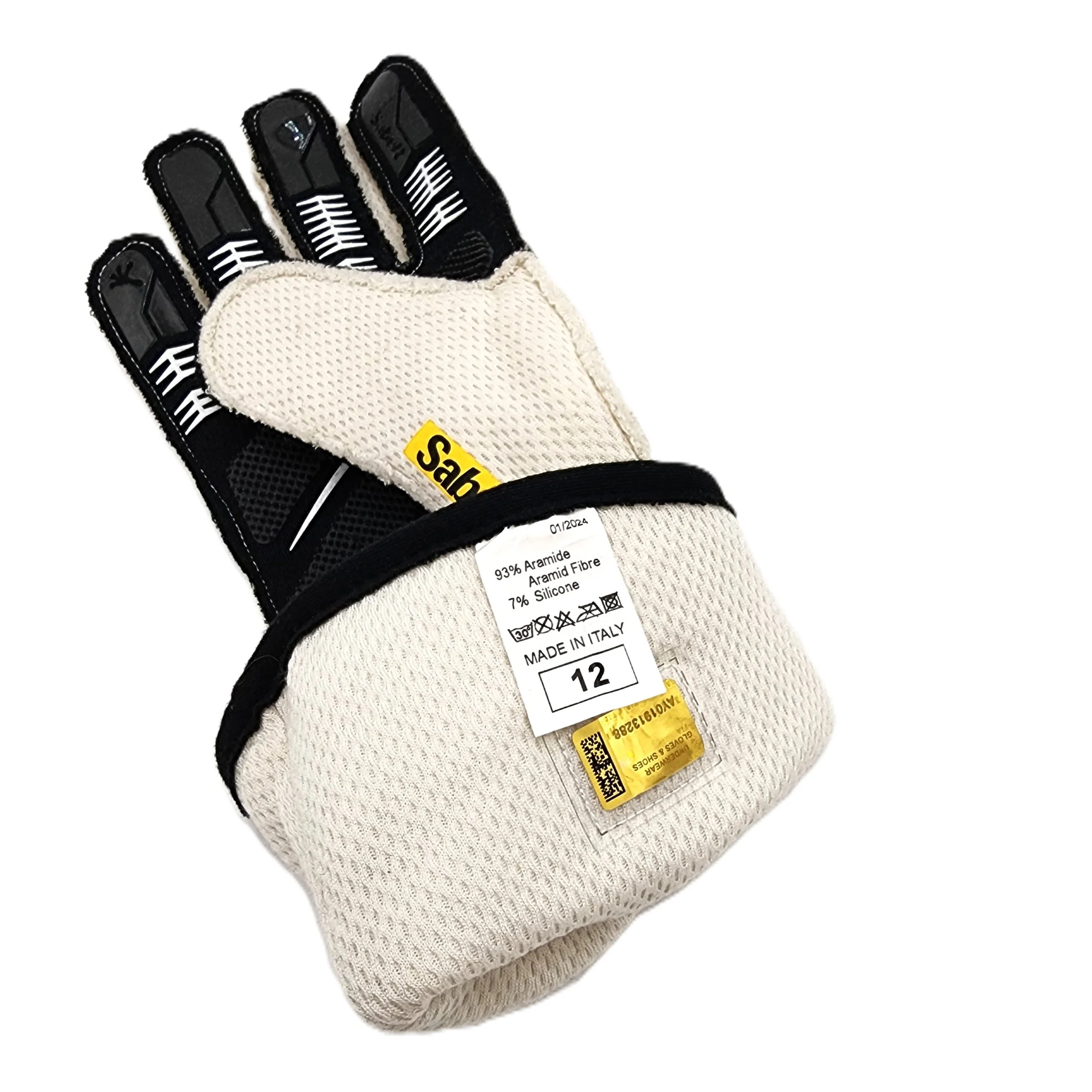 Close-up of an auto racing glove, showing the placement of the FIA tag and hologram