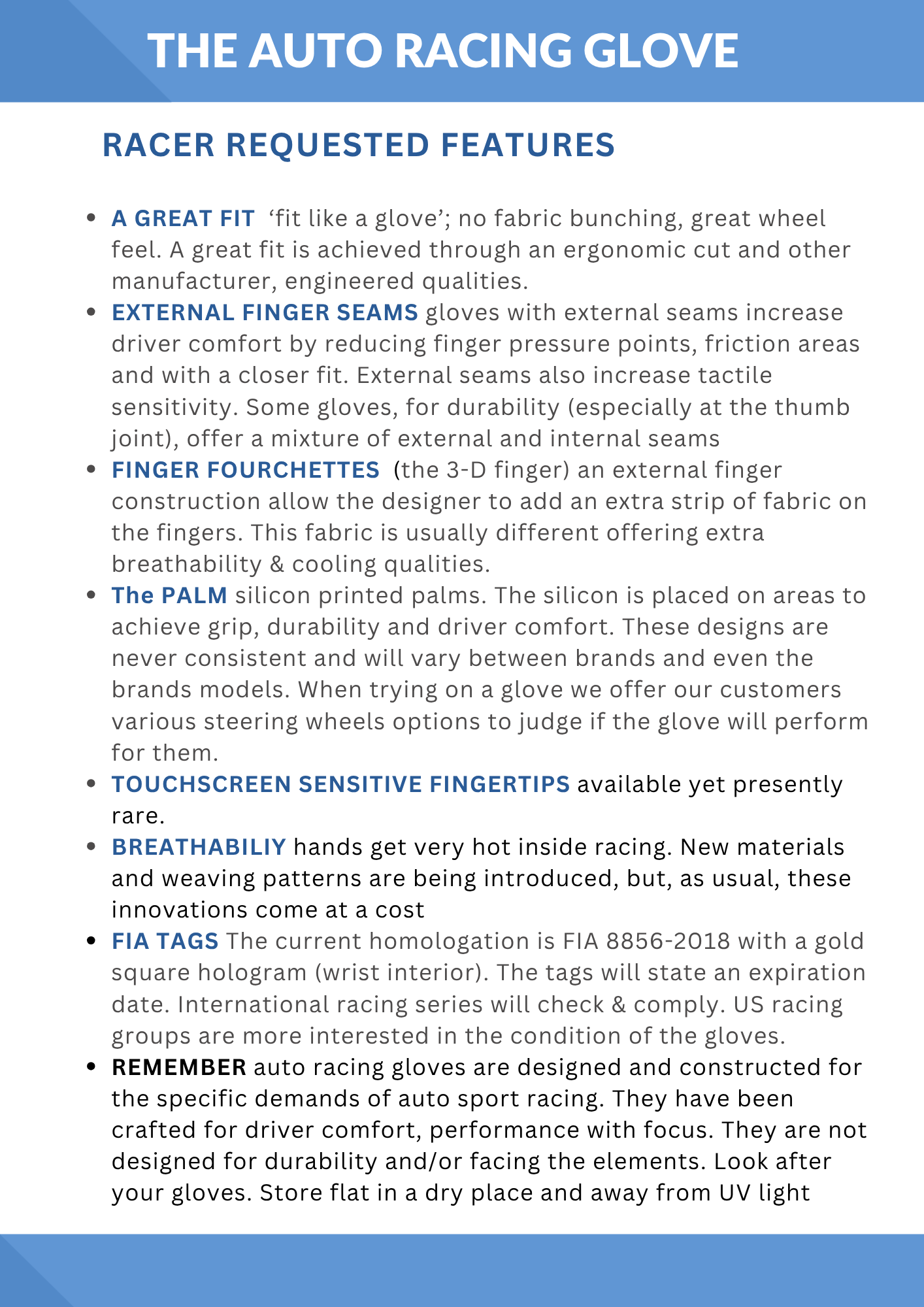 A page from the Track First Auto Racing Glove Guide' showing features requested by racers, including fit, external finger seams, finger fourchettes, touchscreen sensitivity, breathability, FIA tags, and durability.