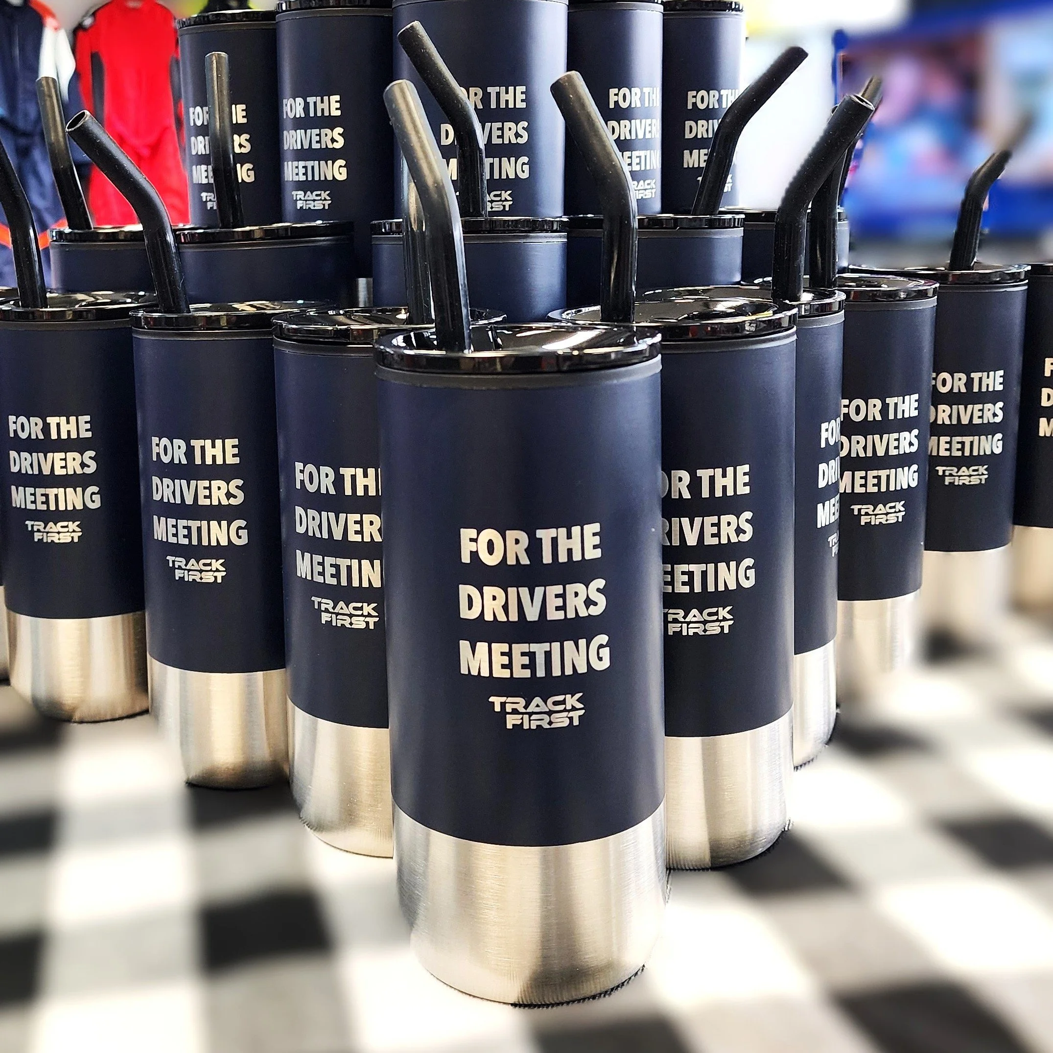 Track First 'drivers meeting' insulated drink tumblers with straws