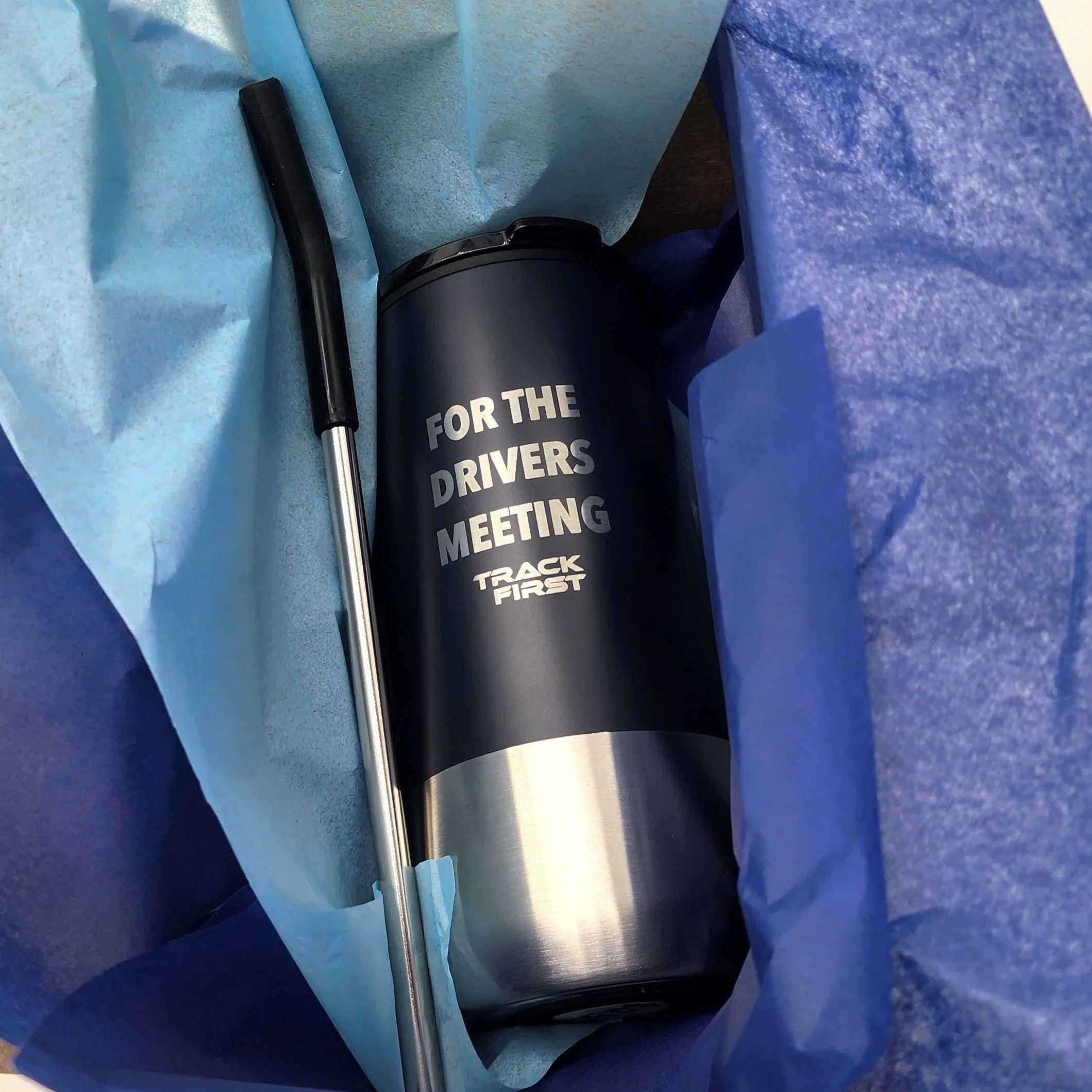 Track First 'drivers meeting' gift wrapped and boxed insulated tumbler