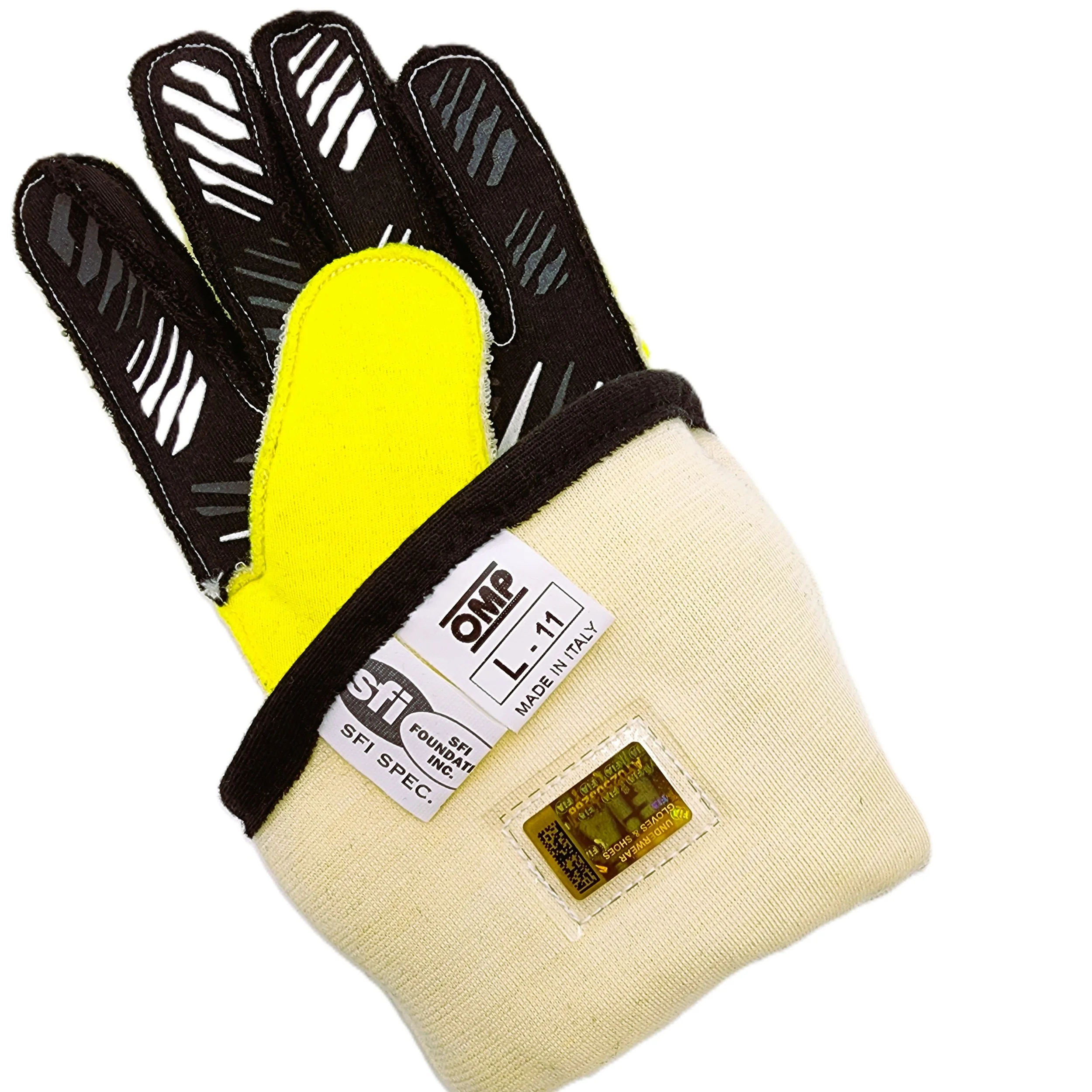 FIA tag with hologram on the inside of an auto racing glove
