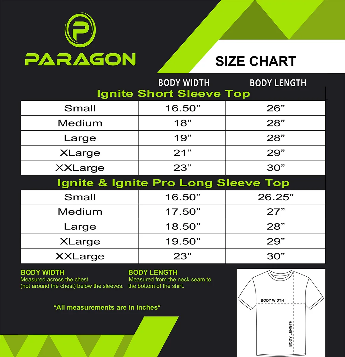 Paragon-Size-Chart-Ignite-IgnitePro measurements.webp