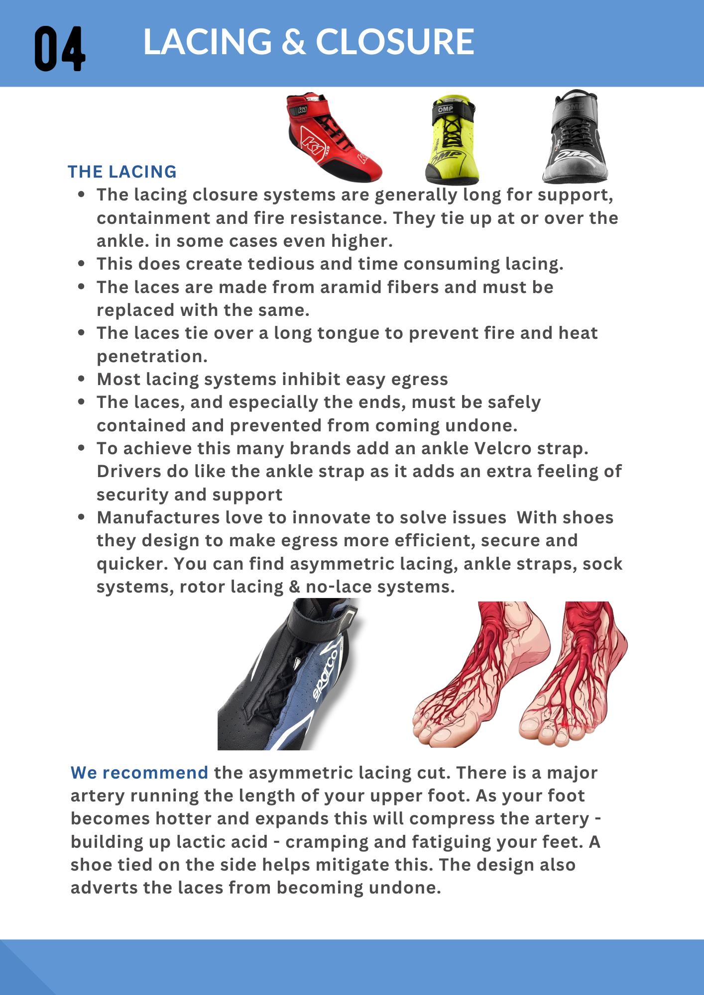 The 5th page from  the Track First's Racing Shoe guide discussing the lacing and closure systems with explanatory images and graphics.