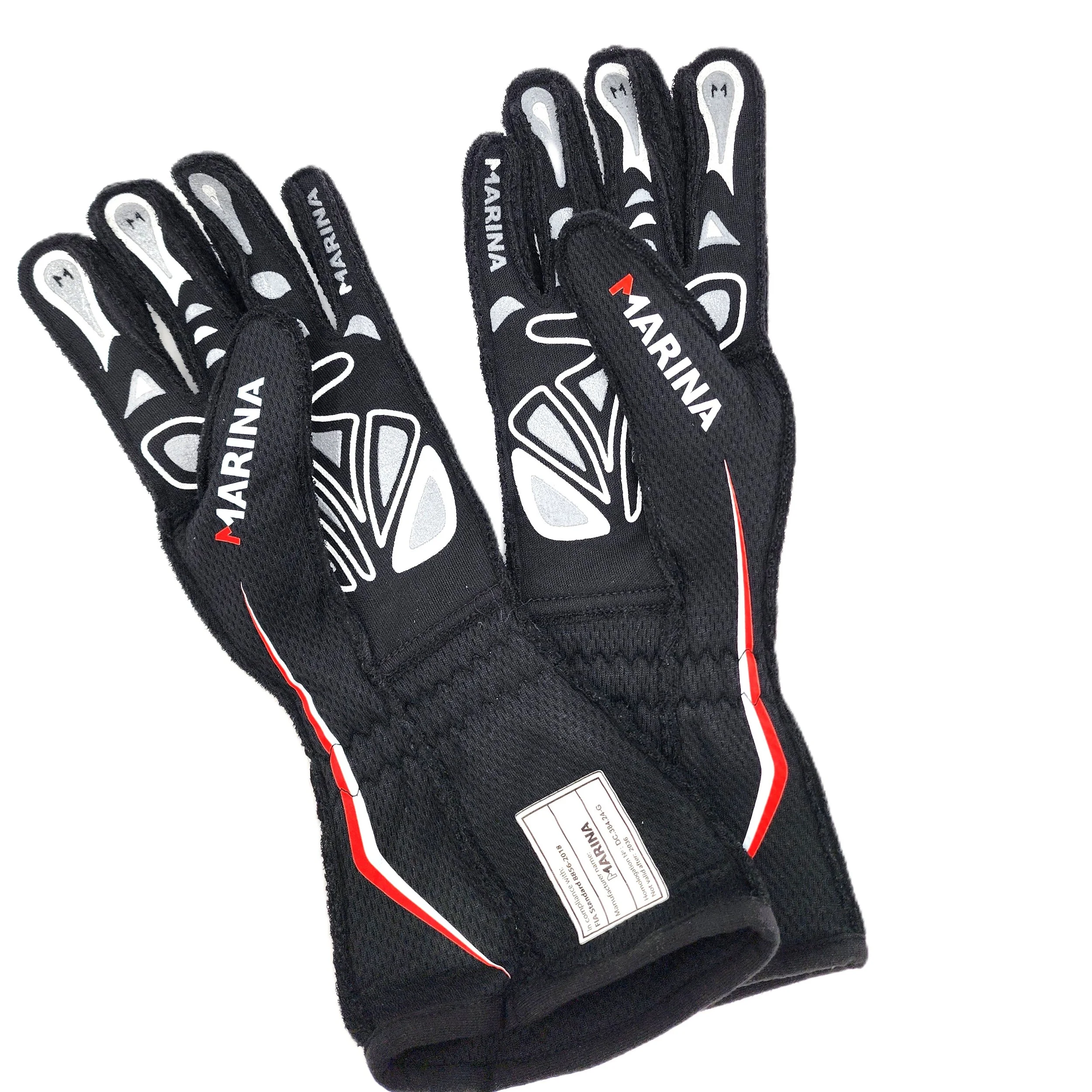 A pair of black Marina Racewear racing gloves with white and red accents. The palm design from the new Factory FIA Series