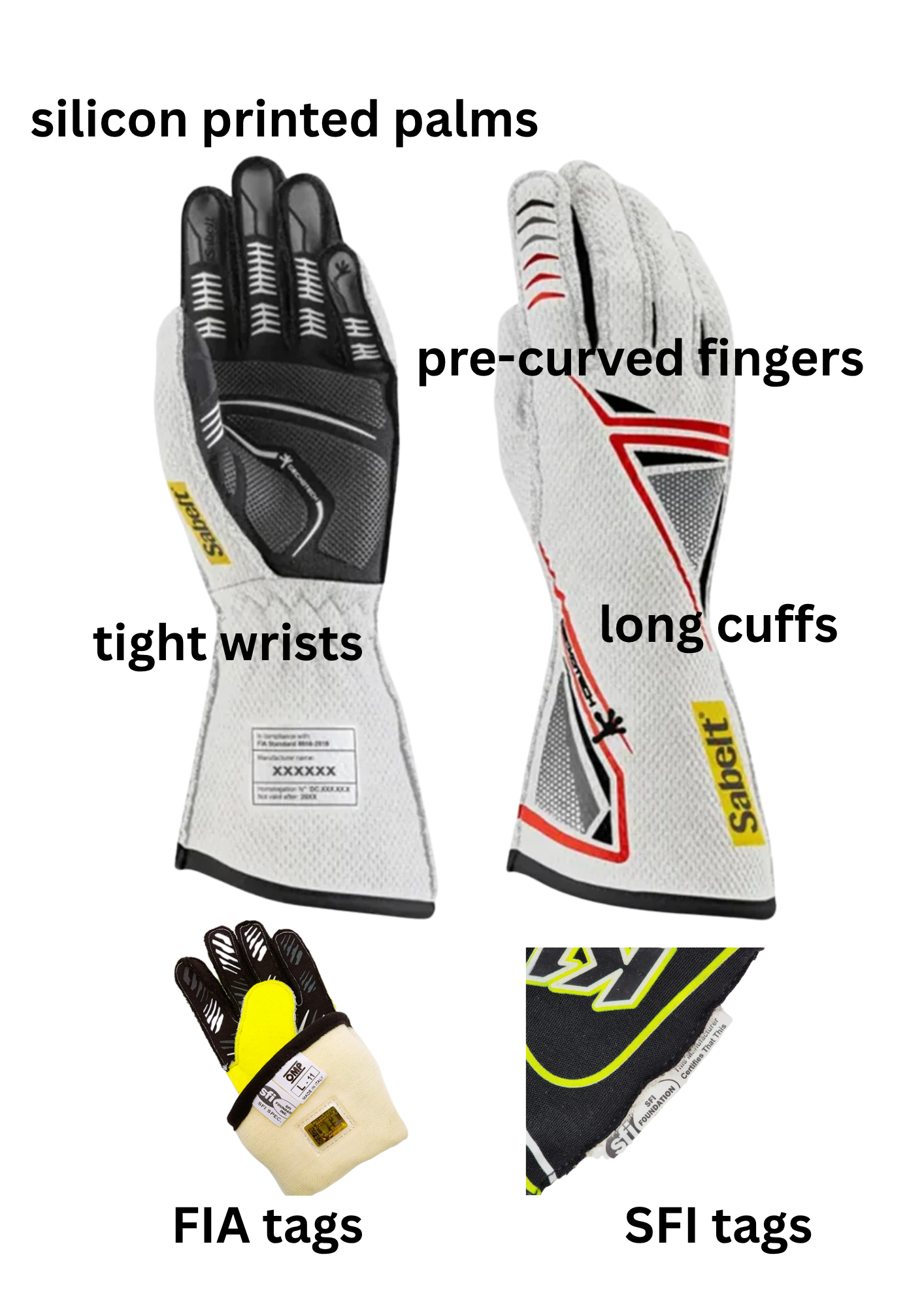 A page from The Track First Racing Gloves guide. The page illustrates with images and text the racing gloves primary safety and comfort feature.s