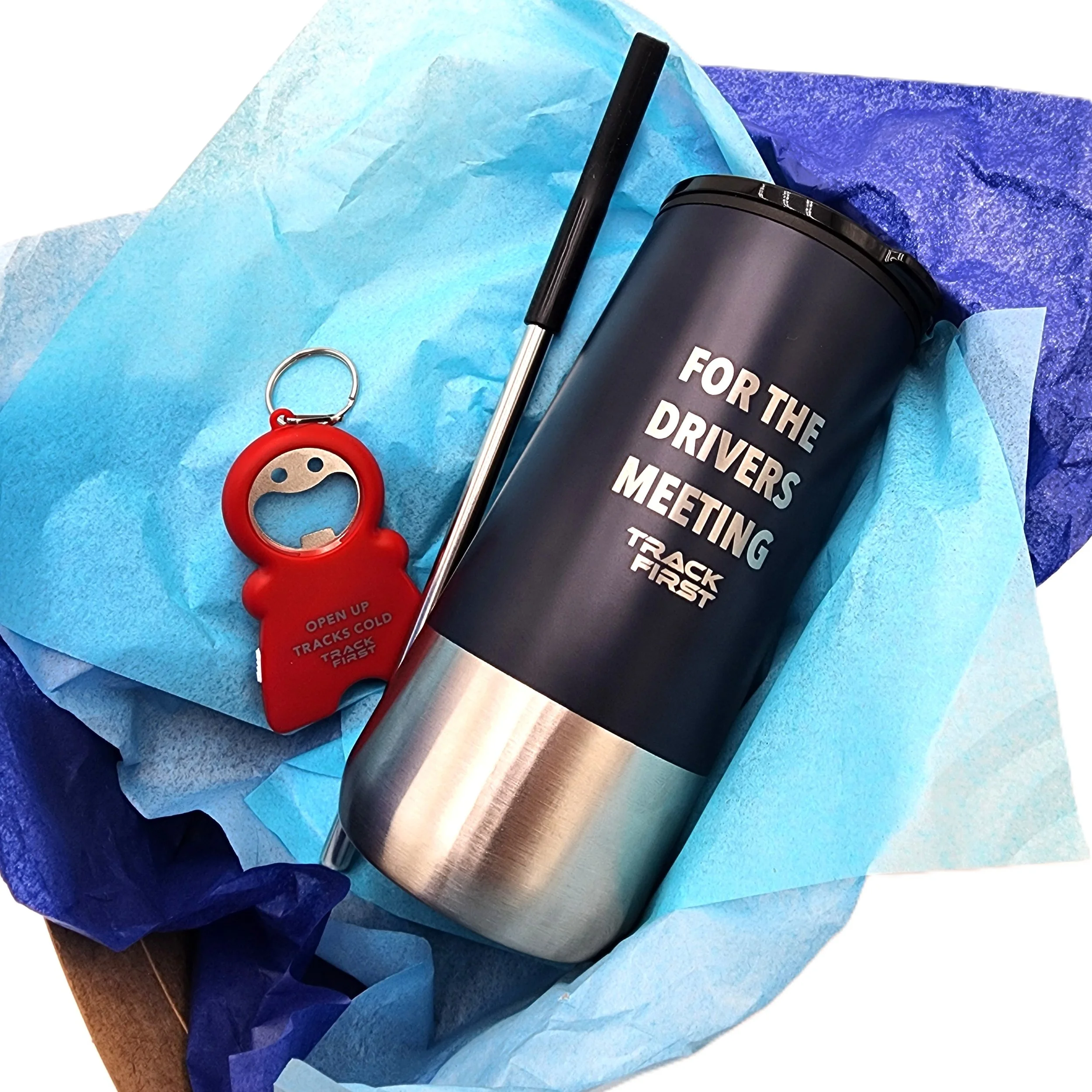 Track First 'open up tracks cold' multi function keychain and 'drivers meeting' drink tumbler