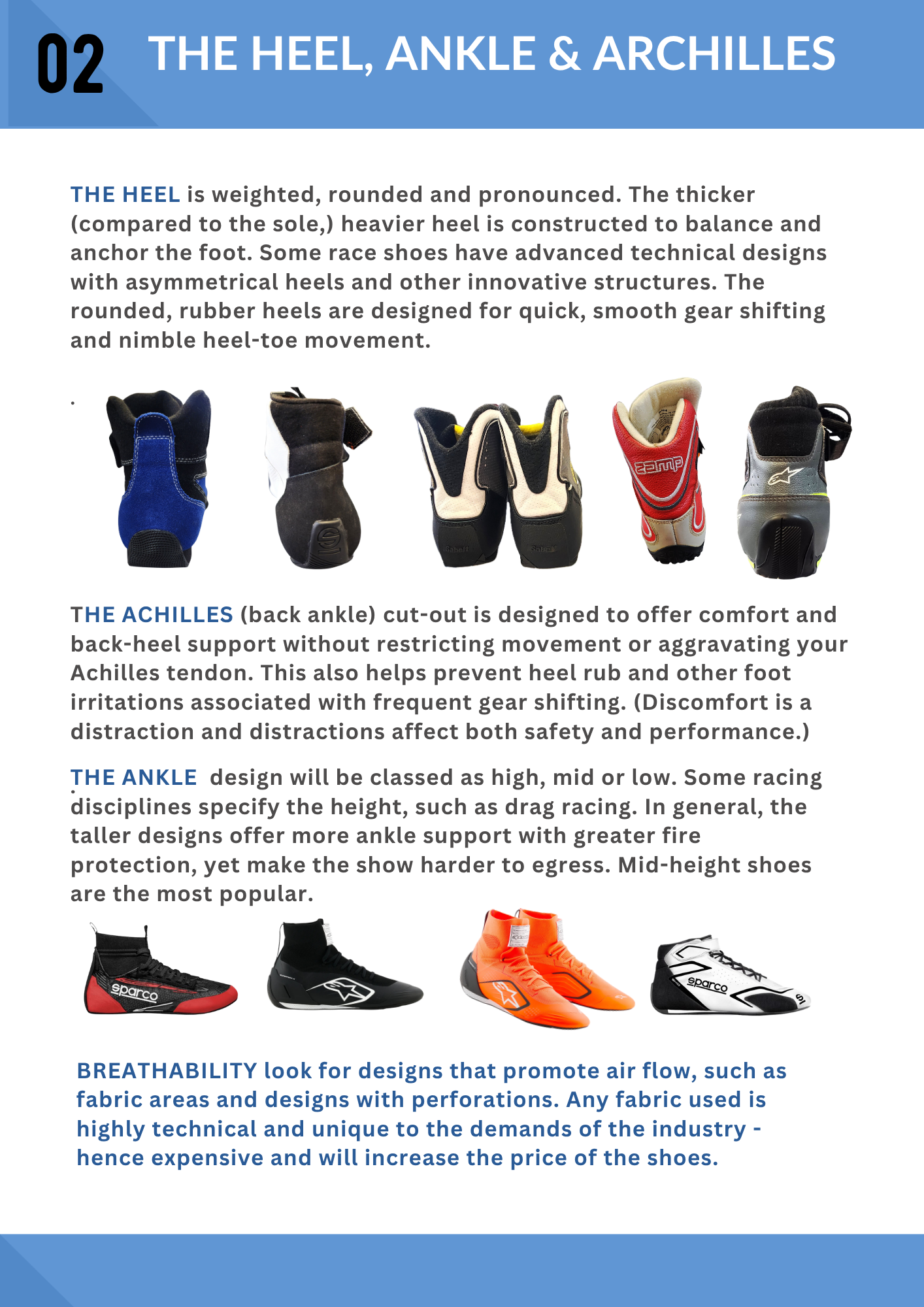 Page three of Track First's Racing Shoe Guide. The page highlights the design features for the heel, ankle and Achilles for driver support, performance and comfort.