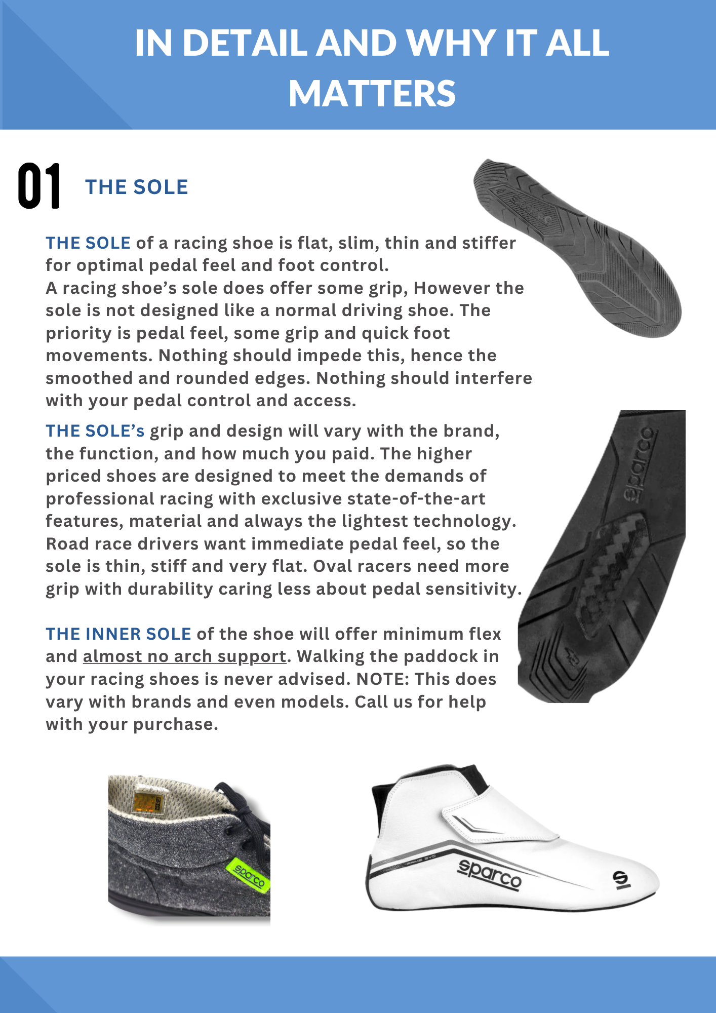 From the Track First Racing Shoe Guide page two. Page two explains why the racing shoe is different and why it all matters for the drivers safety, performance and comfort..