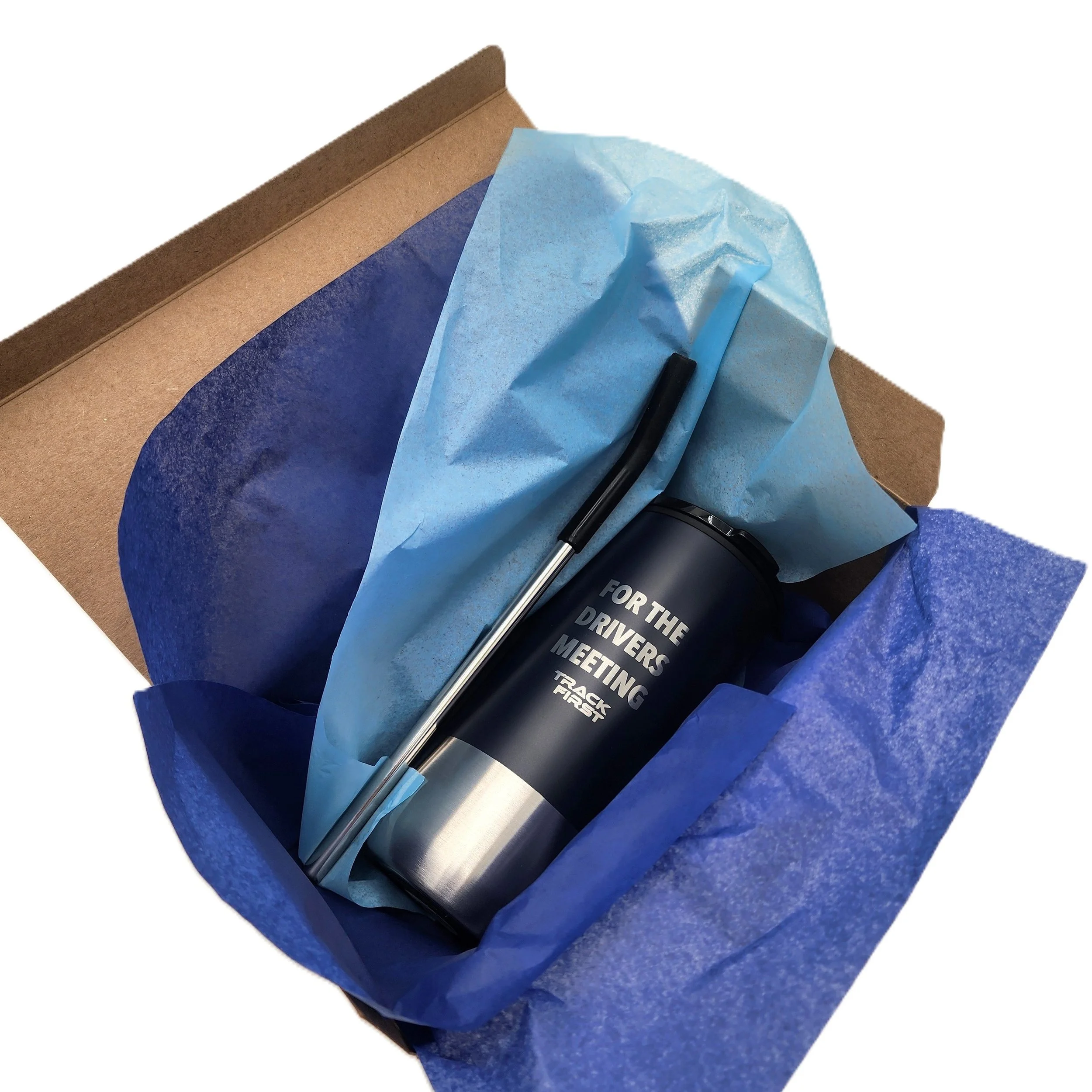 Track First 'drivers meeting' gift wrapped and boxed insulated tumbler