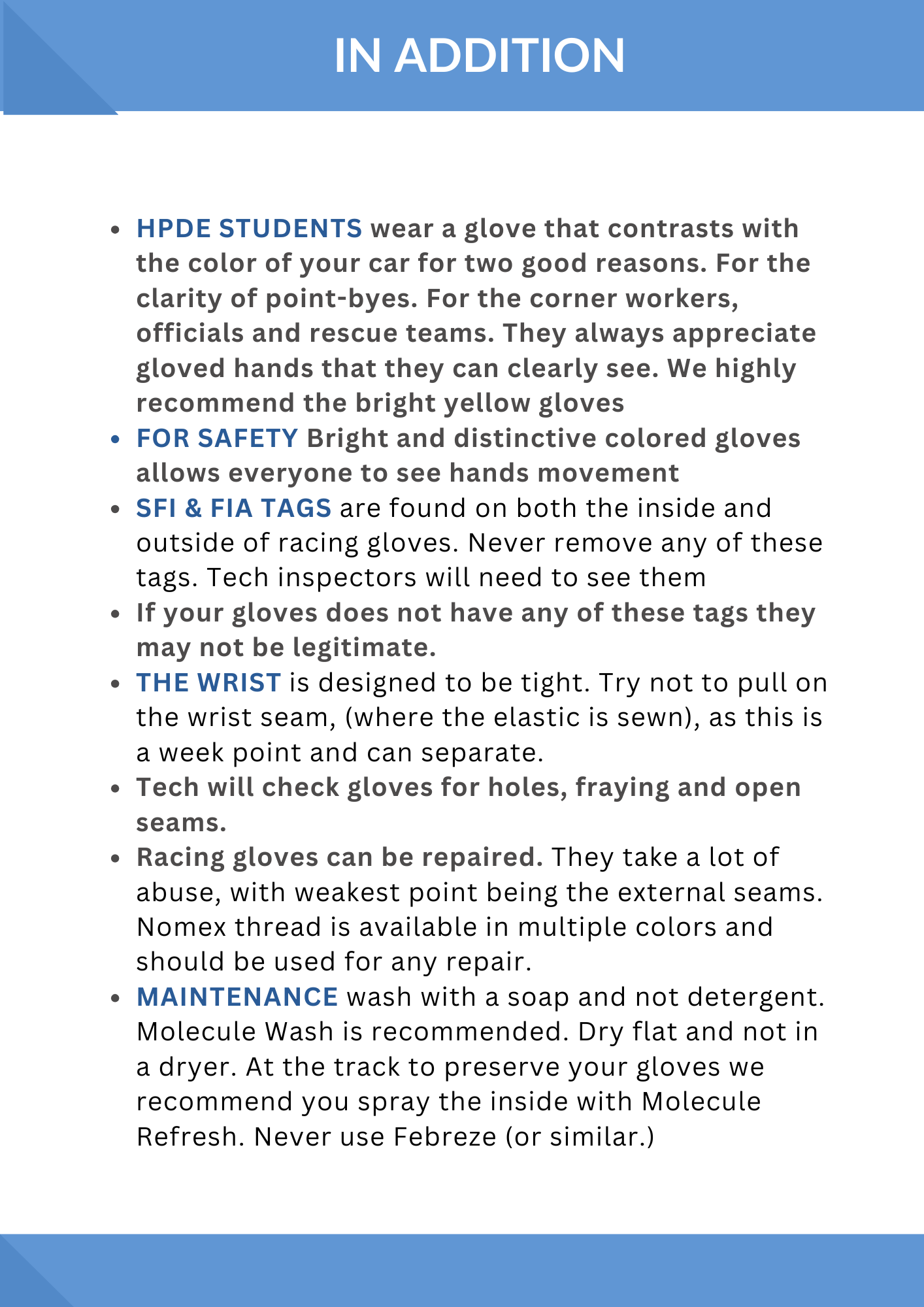 A page from the Track First Racing Glove guide. The page titled  'IN ADDITION' adds additional information for HPDE students, about safety tags, maintenance and further relevant details.