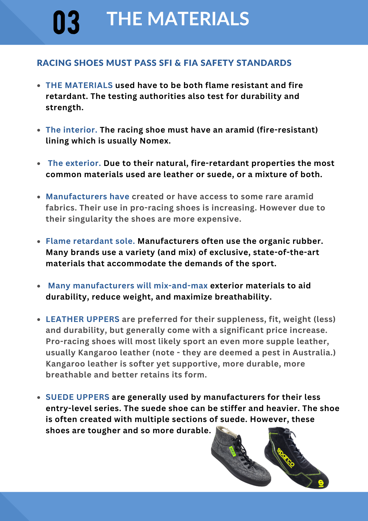 Page 3 is the 4th page of Track First's Racing Shoe Guide. This page introduces the materials used including the flame retardant fabrics, leather, suede uppers, the sole and the lining with images.