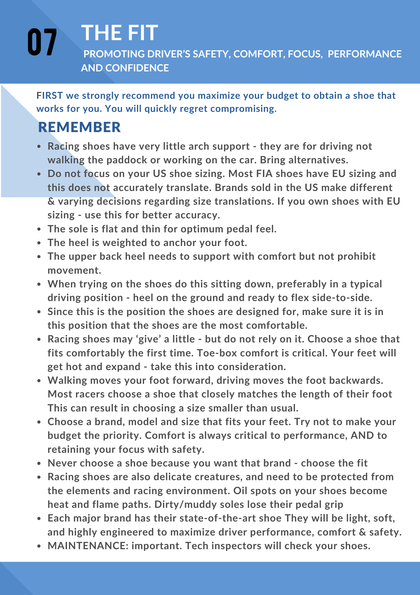 From the Track First Racing Shoe guide. The page illustrates with images and text the racing drivers' preferred shoe features.