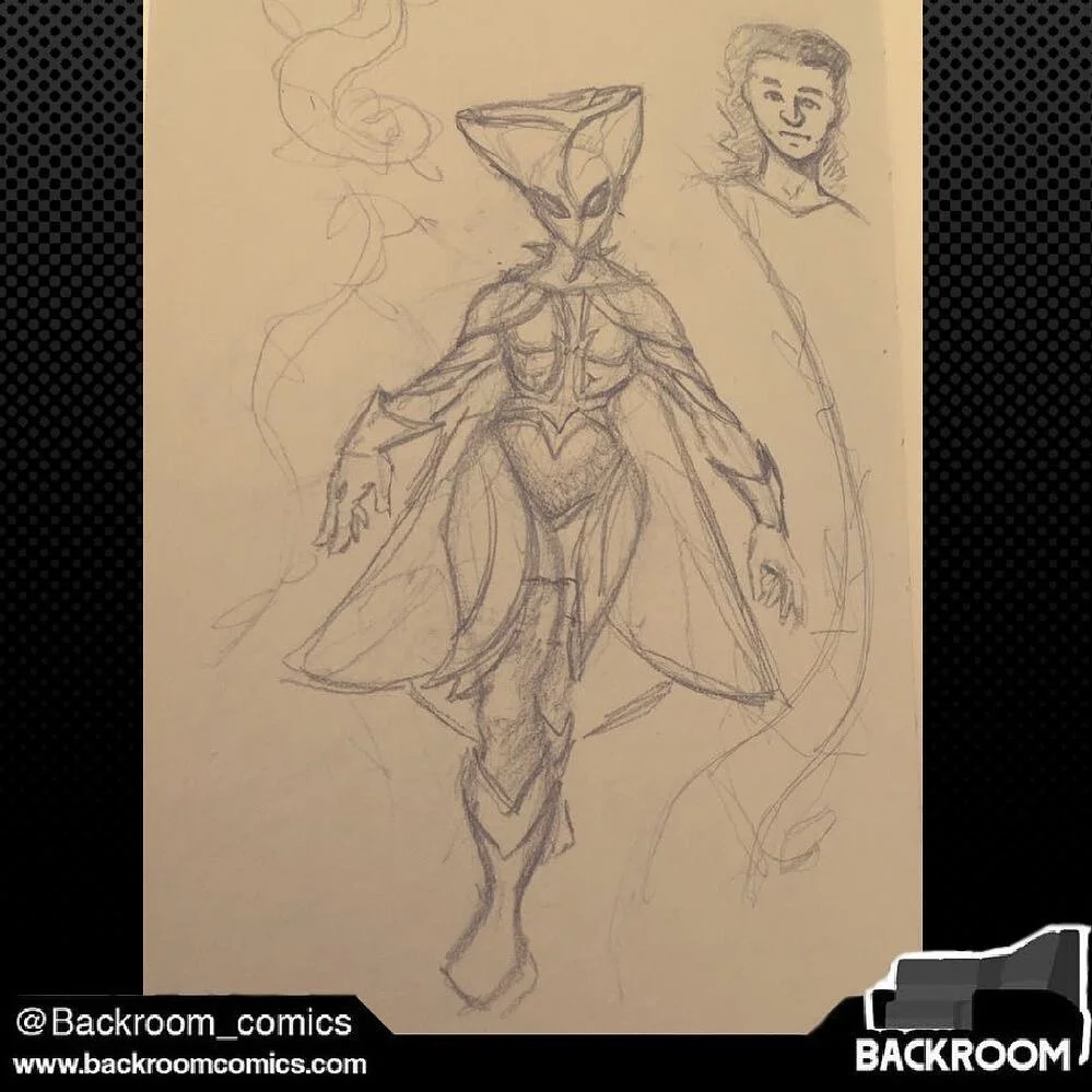 Here&rsquo;s is an early design for Flora!
Back when the idea was only budding. 🌱
 
 
 
 
 
#backroomcomics #conceptart #comics #indiecomics #comicart #flora #budding