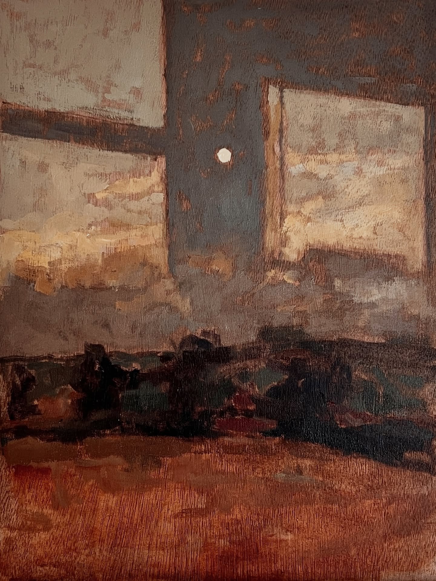 Waxing gibbous, November
Oil on wood panel
30 x 23 cm

Seeing the outside from inside, reflections in the window. 

#oilpainting #scottishbordersartist #scottishartist