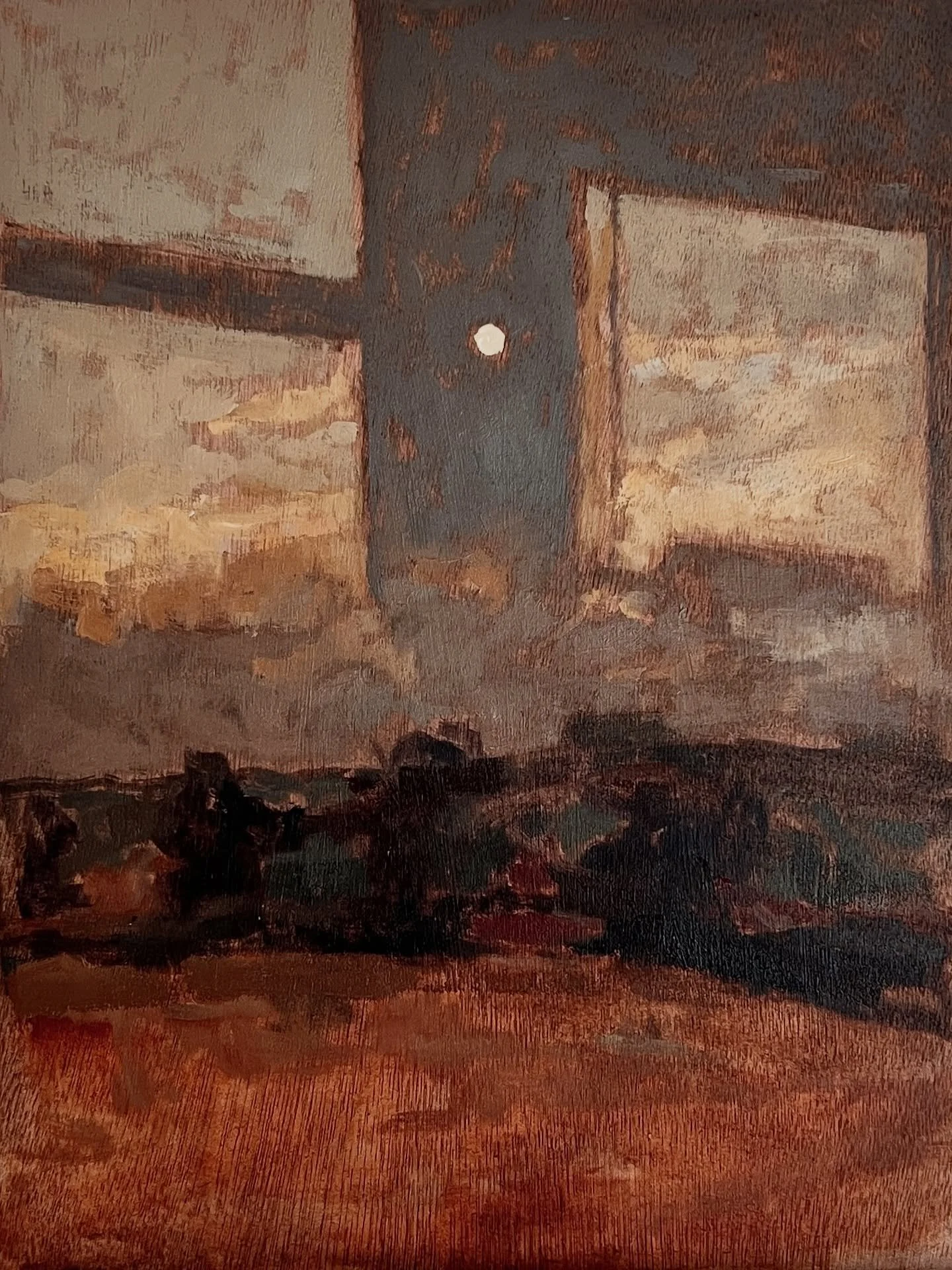 Waxing gibbous, November
Oil on wood panel
30 x 23 cm

Seeing the outside from inside, reflections in the window. 

#oilpainting #scottishbordersartist #scottishartist