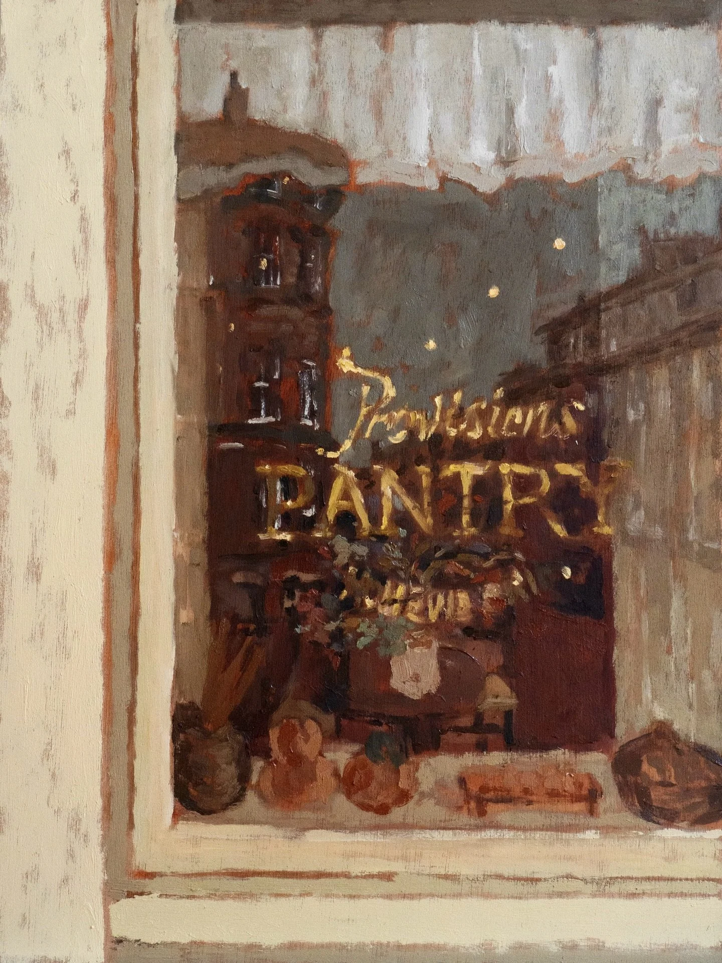 The Pantry window
30.5 x 40.5 cm
Oil on wood panel 

On show at The Open Eye Gallery, Edinburgh, until the 23rd May.

A rare quiet moment at the window of The Pantry. This was back in October last year, one of my favourite times to walk around the ci