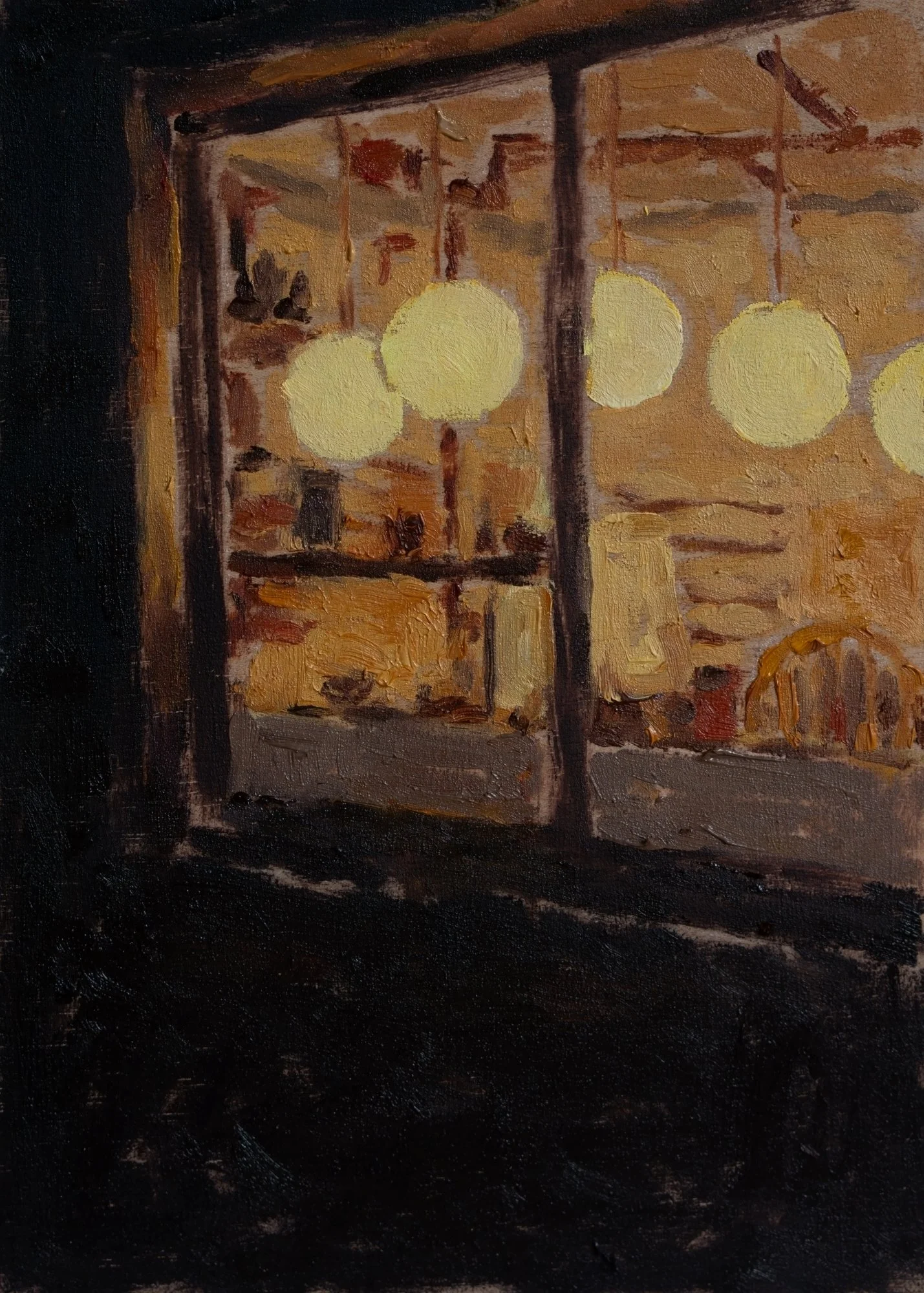 Night time cafe -
oil on wood panel -
12.7 x 17.7 cm