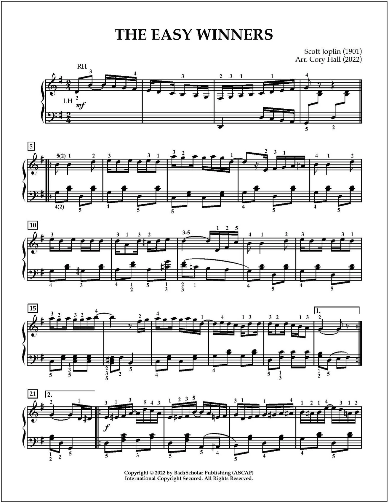 JOPLIN: The Easy Winners Easy Version (arr Hall) BachScholar®