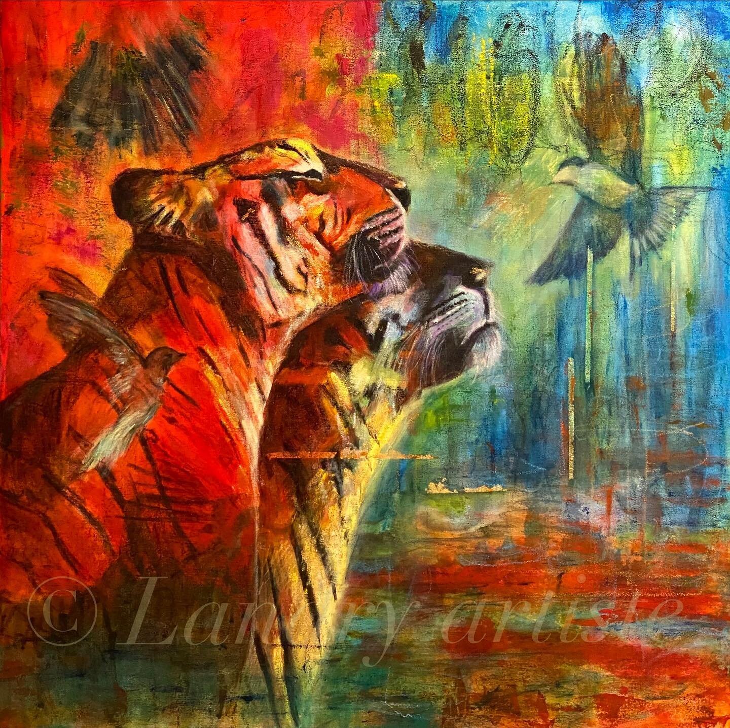 🐅🐅 &laquo;&nbsp;Messenger&nbsp;&raquo; 30x30, Techniques mixtes, huile et feuille d&rsquo;or. Disponible/Available! J&rsquo;aime tellement les couleurs! Elles m&rsquo;inspirent magie et espoir! Et vous?