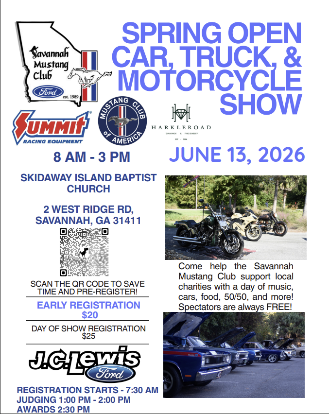 Pre-Registration - SPRING OPEN CAR, TRUCK, & MOTORCYCLE SHOW, June 13, 2026. SKIDAWAY ISLAND BAPTIST CHURCH