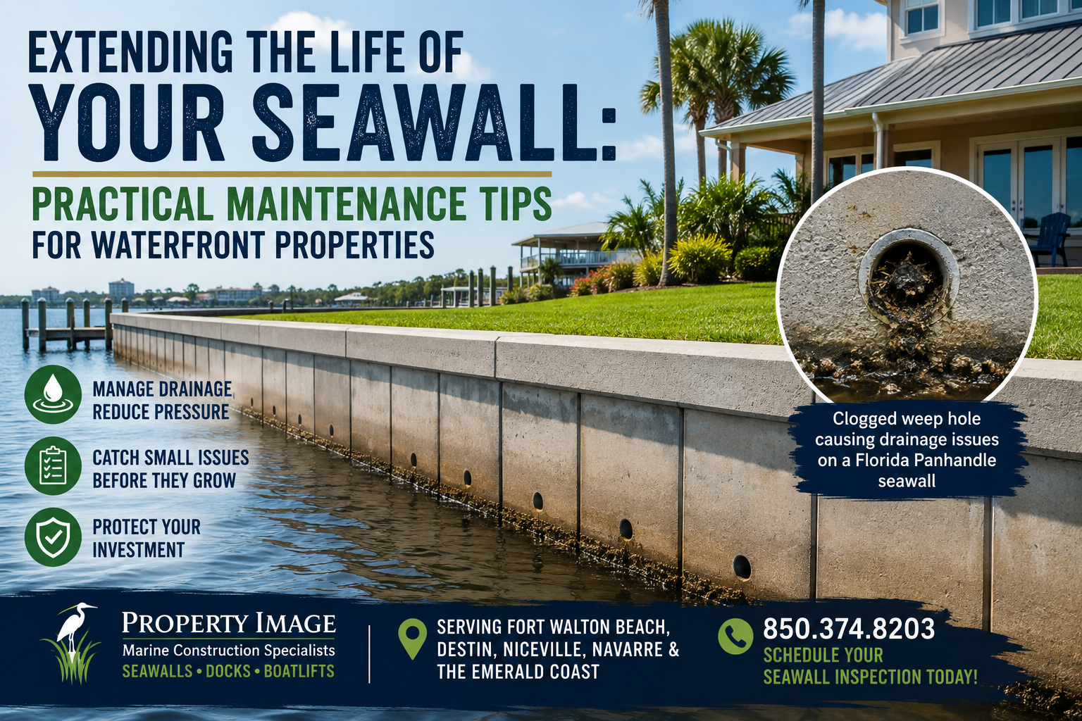 Concrete seawall along a Fort Walton Beach waterfront property showing drainage weep holes