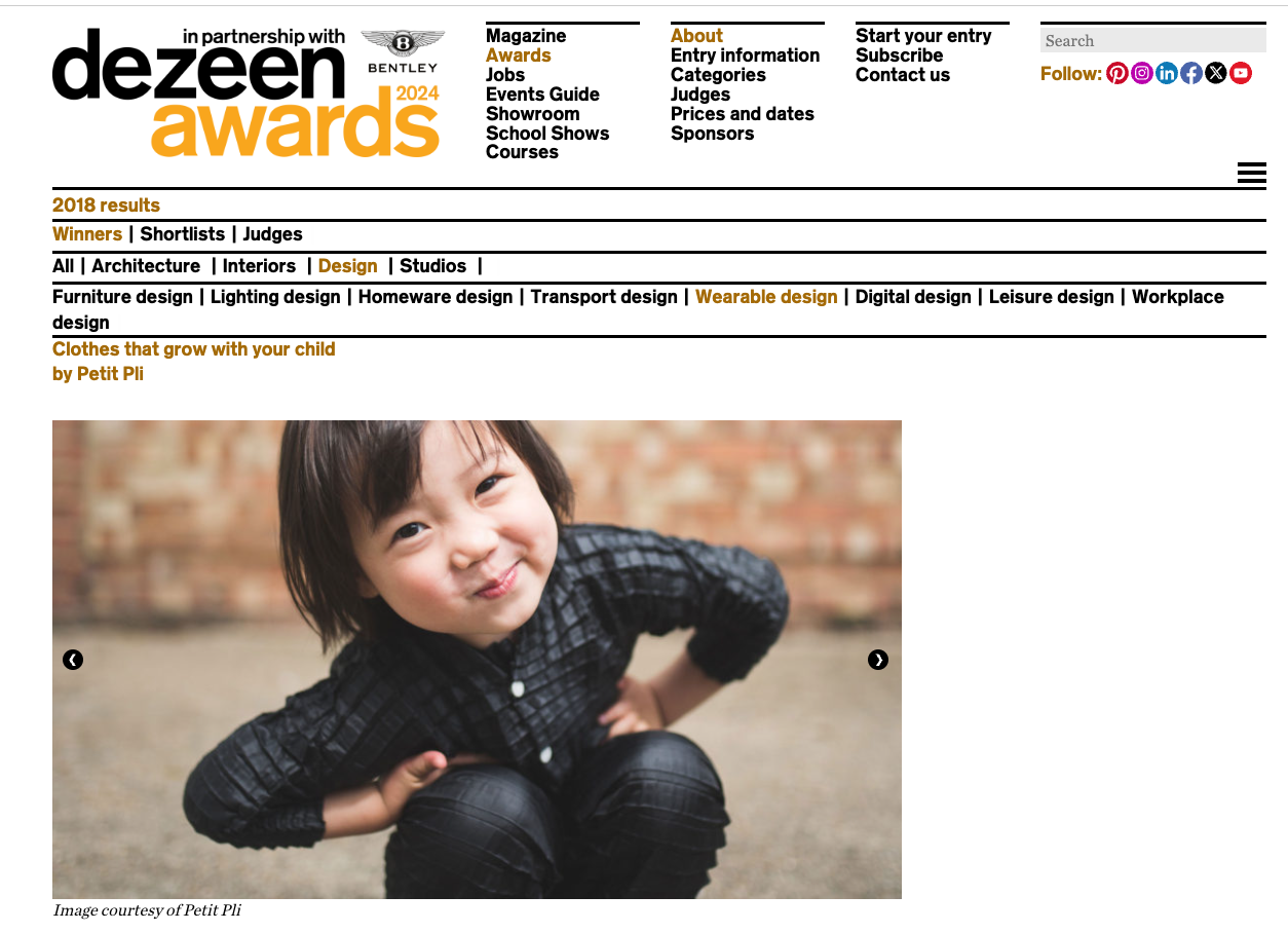 Winner: Wearable design of the year 2018. Petit Pli kids clothes were designed by Ryan Mario Yasin to stretch as children grow using a pleating system.
Yasin, who is a graduate of the Royal College of Art masters programme in Innovation Design Engin