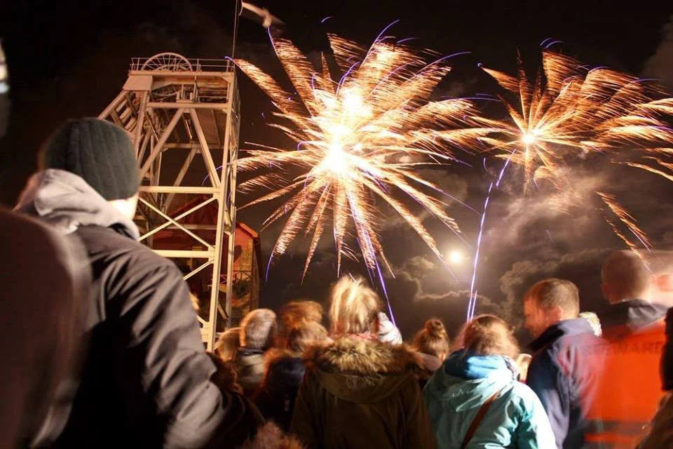 Fireworks at Heartlands, Redruth, Cornwall, mine shaft in background