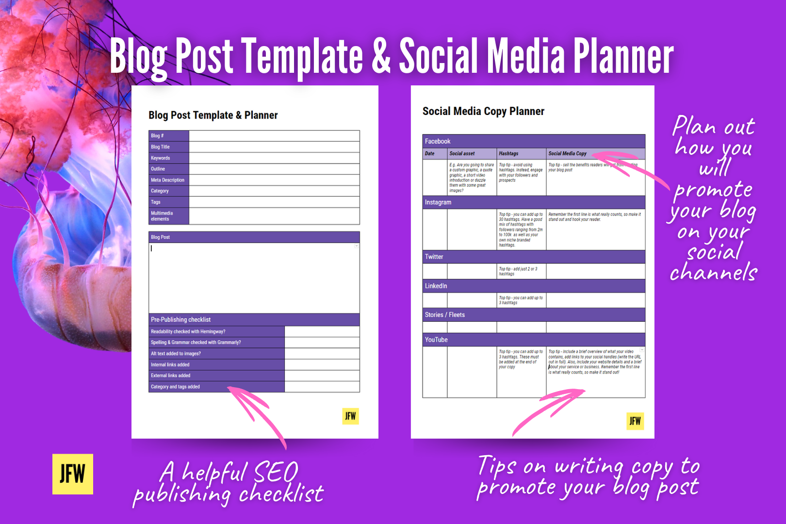 A graphic image of a Blog Post Template and Social Media Planner from JFW Marketing