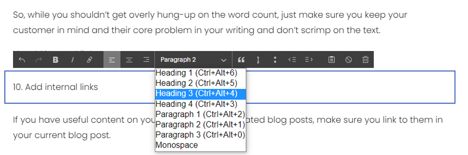 Screen shot of adding text to Squarespace and changing it to a Heading Title Tag