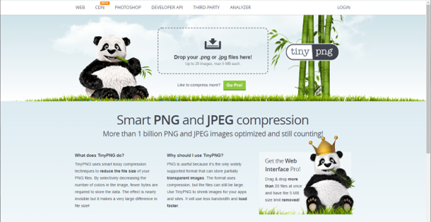 Screenshot of the TinyPNG website, that compresses images for use on your website to improve speed and SEO.