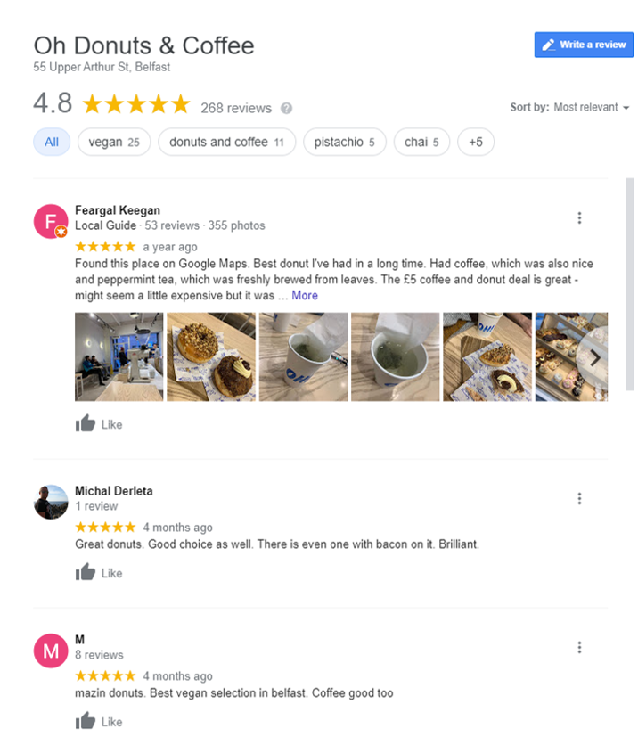 Example of Google Reviews on Google My Business