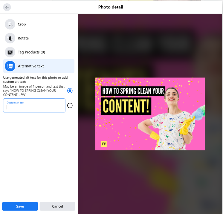 Screenshot showing how to add photo detail to a Facebook post. Menu options show crop, rotate, tag products and Alternative text.