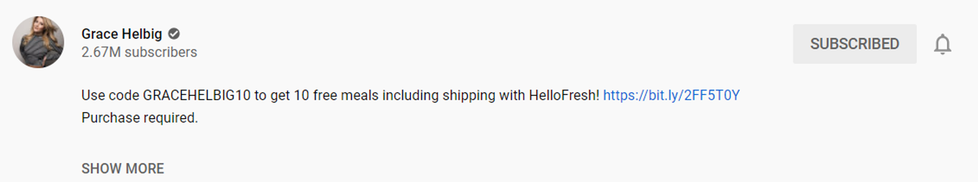 Grace Helbig's video description on YouTube withe a call to action for Hello Fresh.