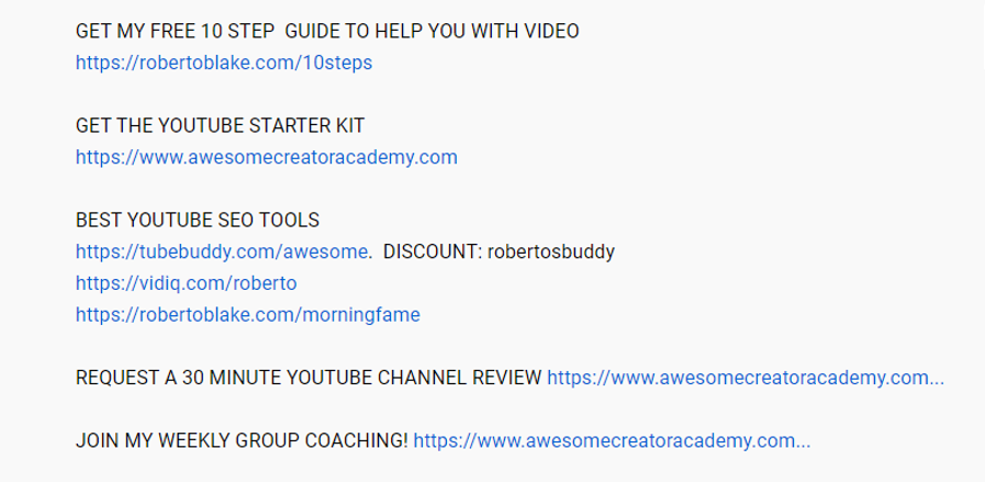 Adding in sub-headers into your YouTube descriptions. Example from Roberto Blake's YouTube Channel Video.