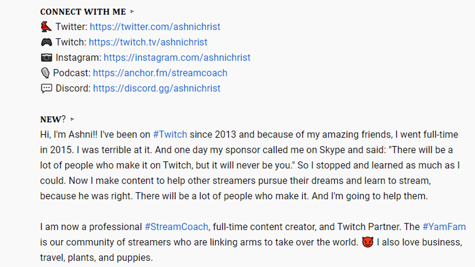Ashni Christ's Twitch YouTube Channel description.