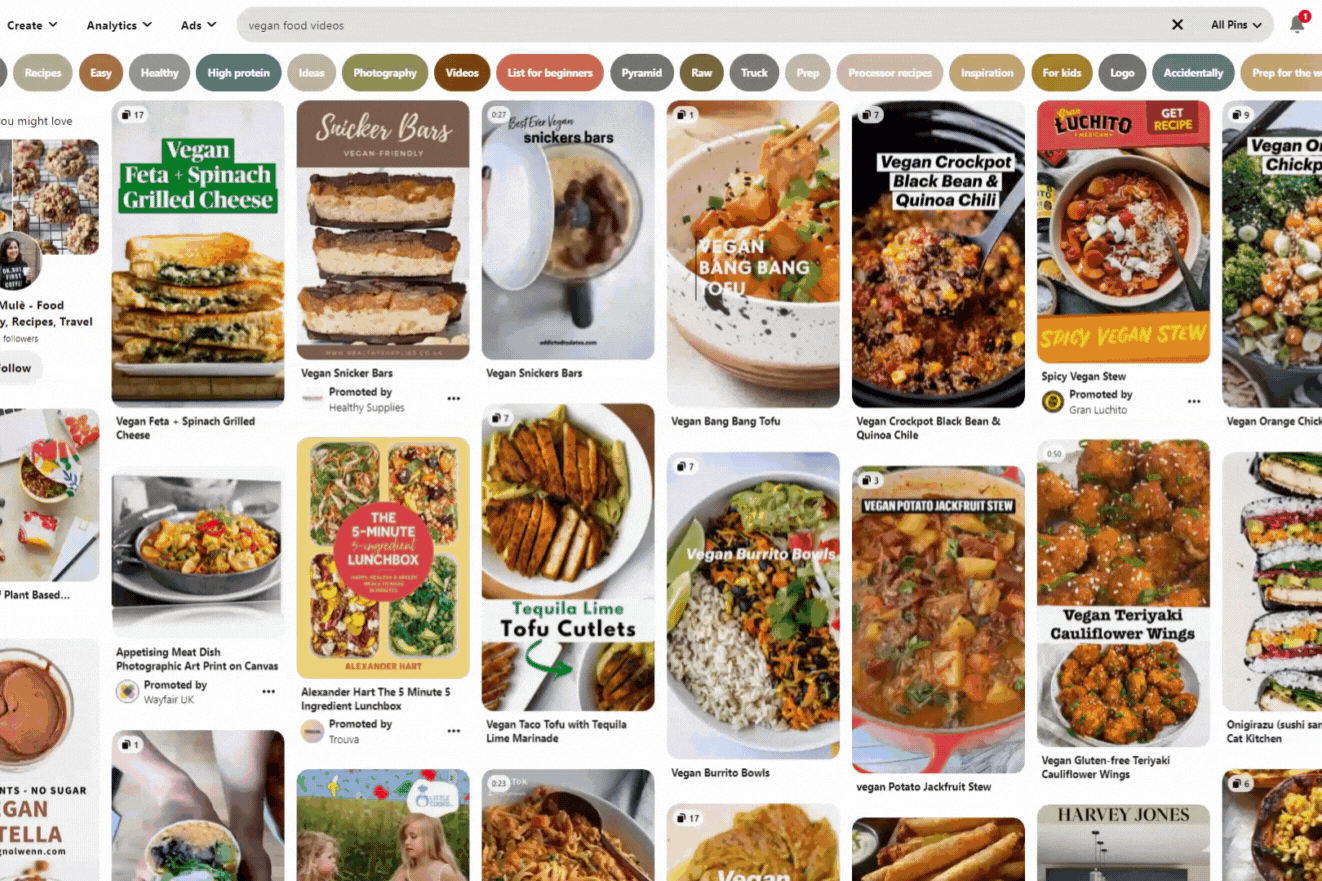 Pinterest Video Pins - In the example below I’ve searched for vegan food and can either add the keyword video or filter by video in the drop down options on the right of the search bar. 