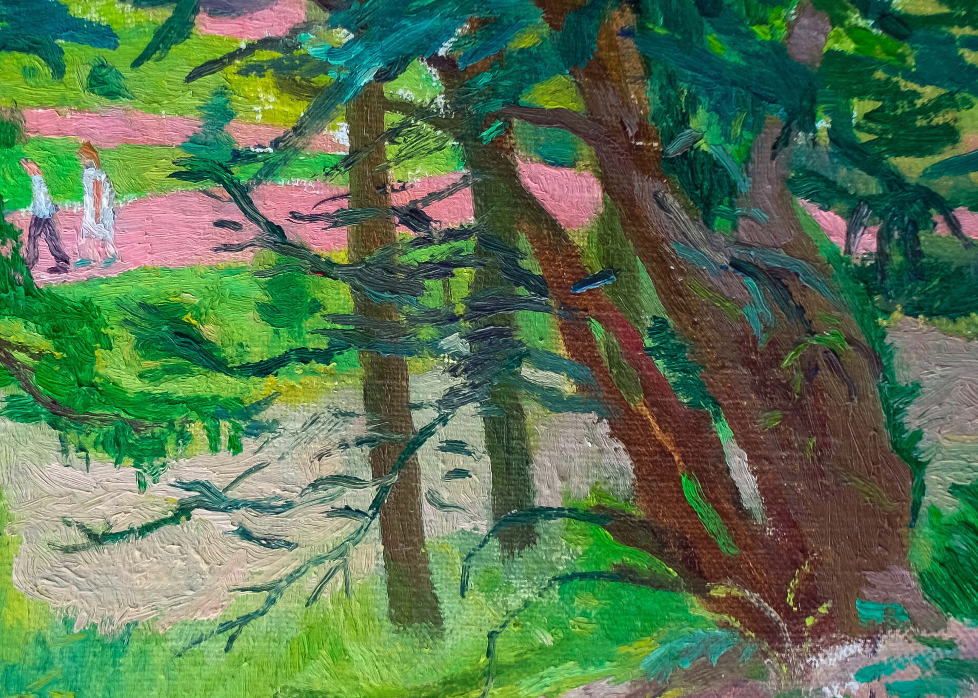 Woodland With A Pink Path & Figures, Ayrshire ) Oil on Canvas ) 30cm  x  38cm ) 2018 (edit — 1).jpg