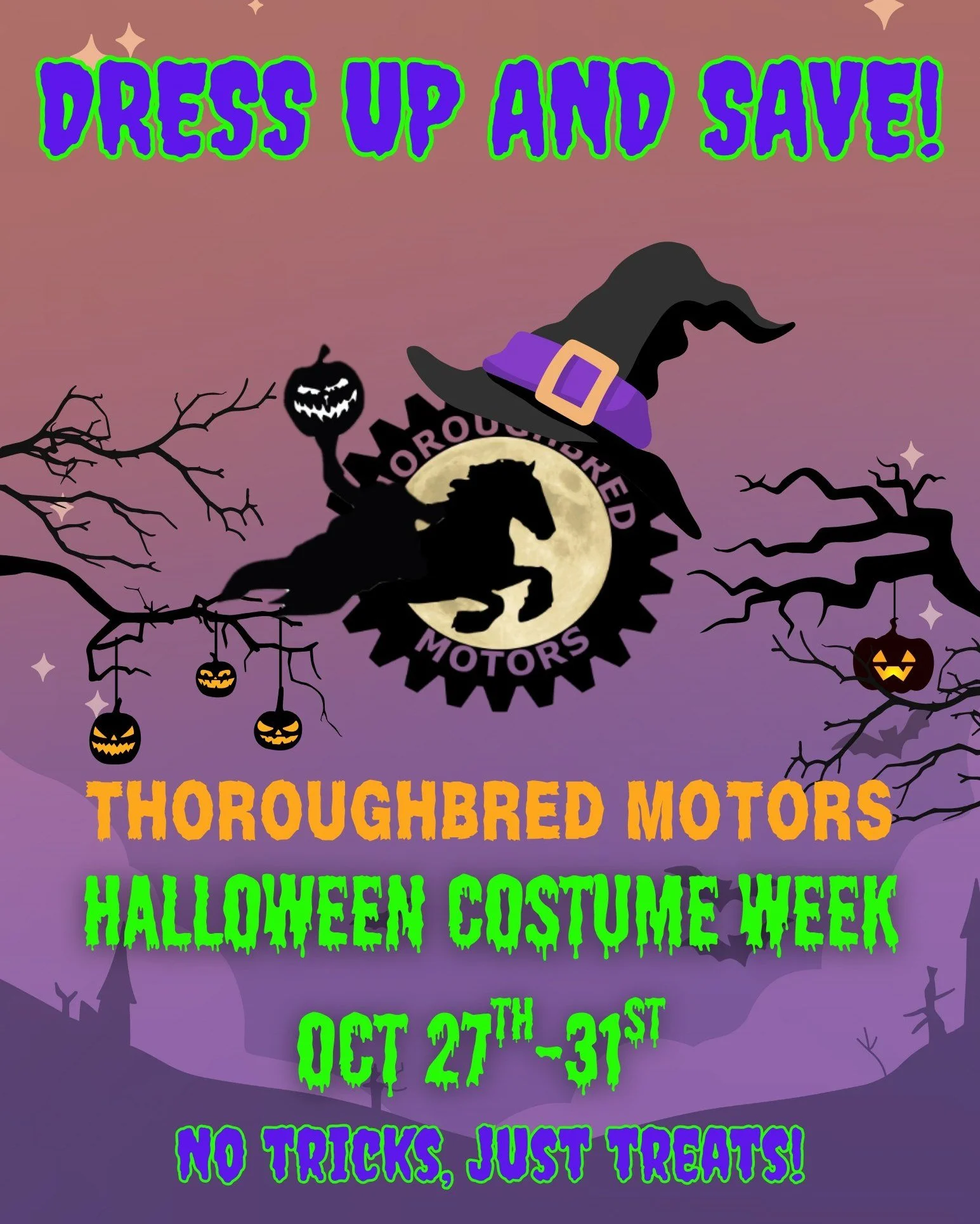 It’s spooky season at Thoroughbred Motors! 👻
Stop by wearing a costume anytime the week of Halloween (Oct. 27–Oct. 31st) and you’ll get 10% off (up to $200) on your next invoice!
Your discount will be valid through November 30th,