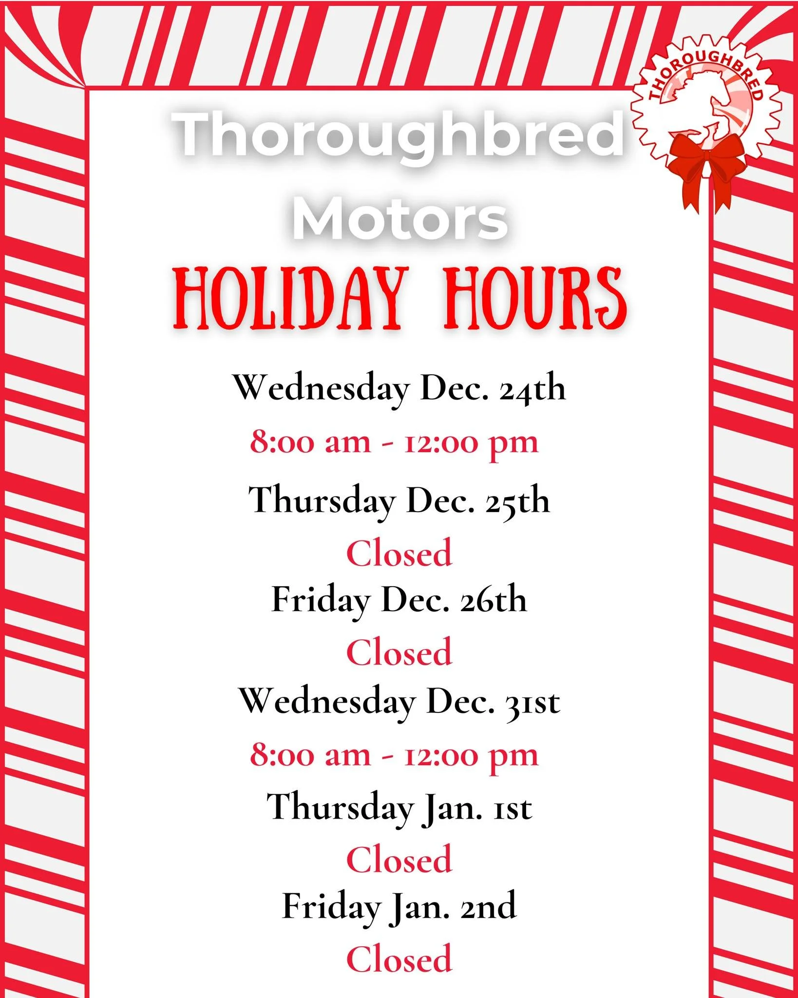 Here are our holiday hours for the upcoming weeks!
We hope everyone has a safe, warm, and wonderful holiday season.
Thank you for supporting our little shop, we appreciate you all so much! ❤️

#holidayhours #christmas #holidayseason #thoroughbredmoto