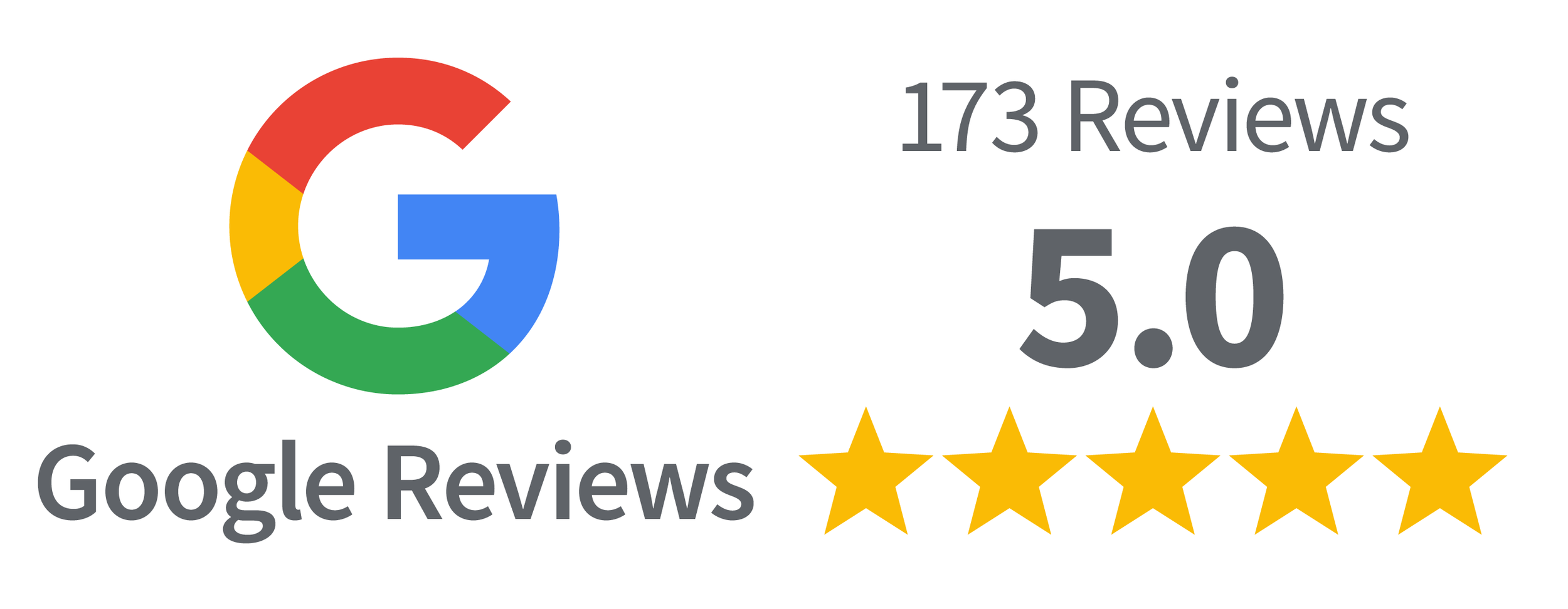 Google reviews overview showing 173 reviews with a 5.0-star rating and a five-star rating graphic.