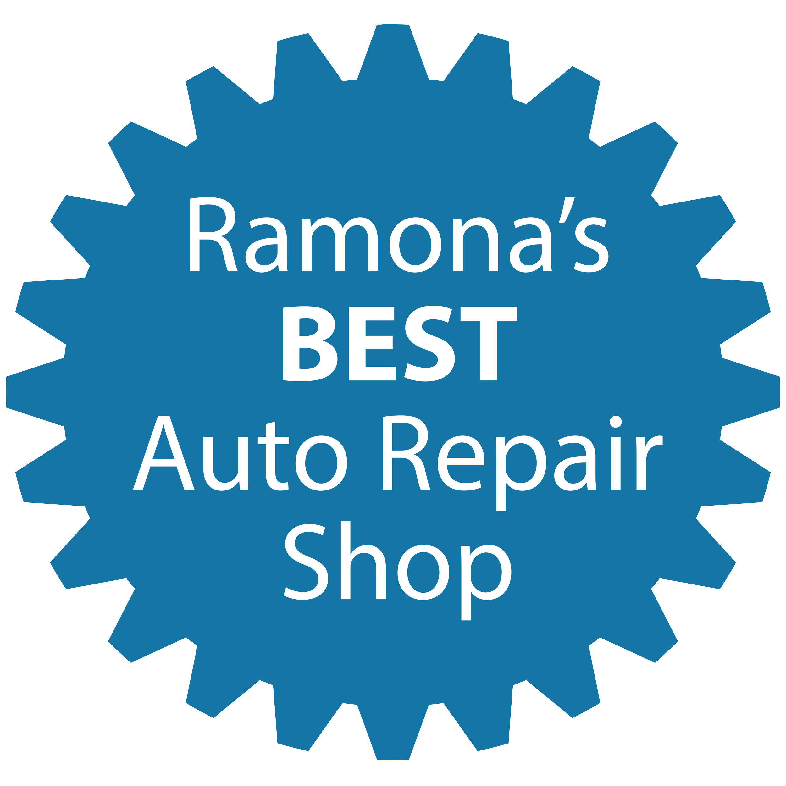 Blue gear-shaped badge with white text that reads 'Ramona's Best Auto Repair Shop'.
