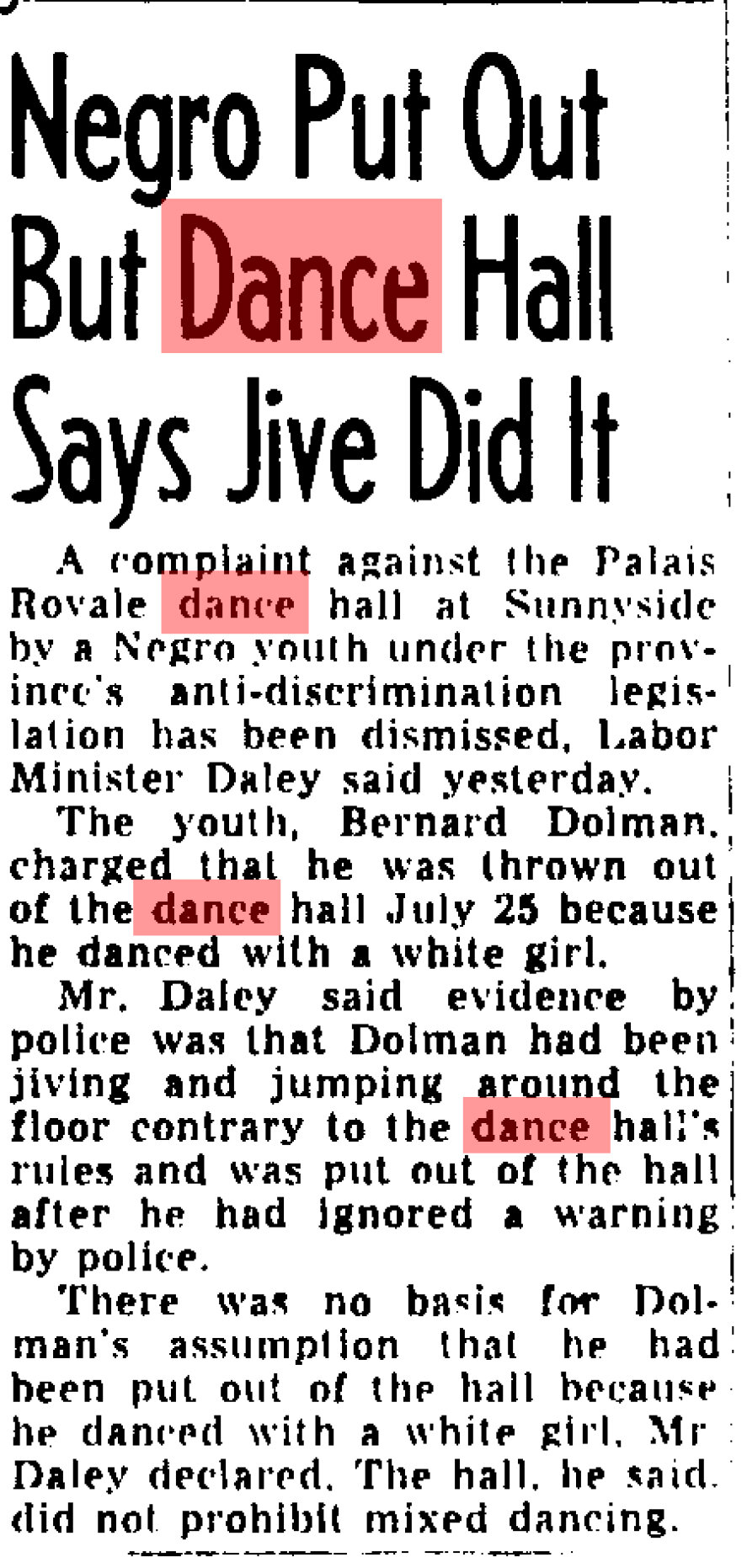 "Negro Put Out But Dance Hall Says Jive Did It," Globe and Mail, 1955