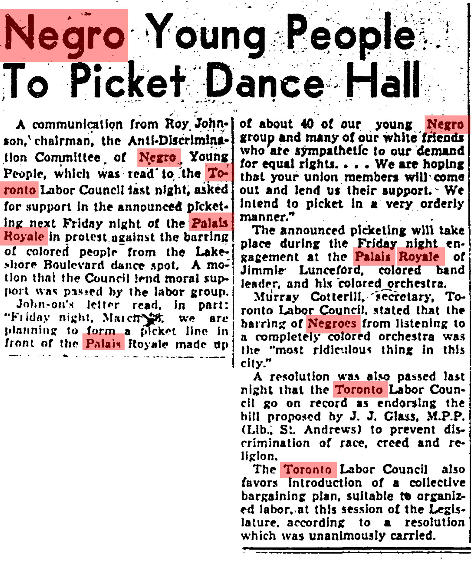 "Negro Young People To Picket Dance Hall," Globe and Mail, 1943